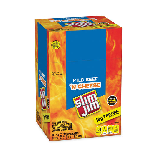 Slim Jim Beef and Cheese Meat Sticks, 1.5 oz, 18/Carton (20900656)