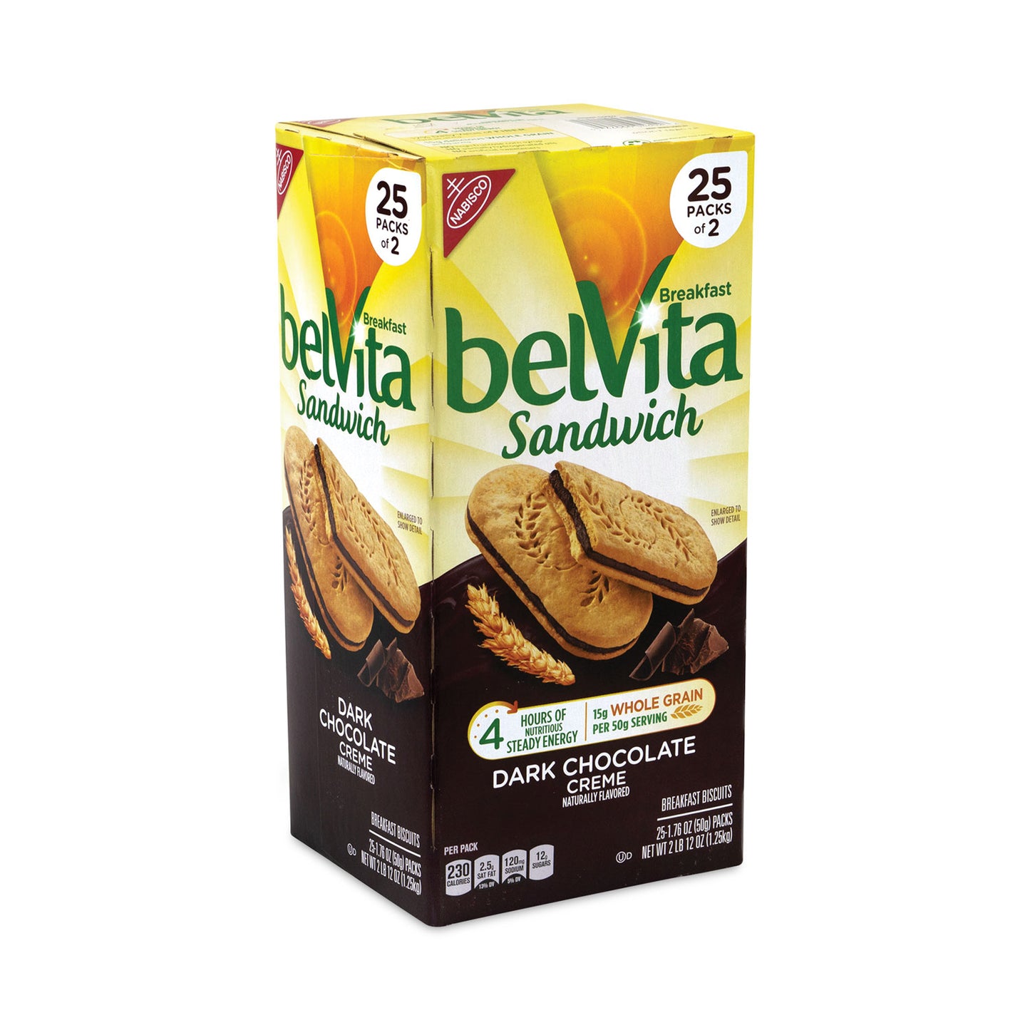 Nabisco belVita Breakfast Biscuits, Dark Chocolate Creme Breakfast Sandwich, 1.76 oz Pack, 25 Packs/Carton (22000570)