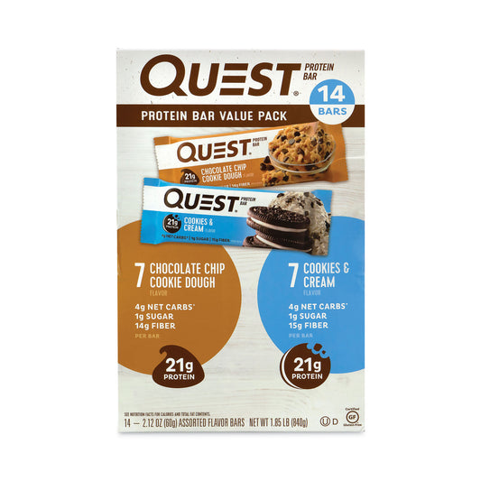 Quest Protein Bar Value Pack, Chocolate Chip Cookie Dough, Cookies and Cream, 2.12 oz Bar, 14/Carton (22000966)