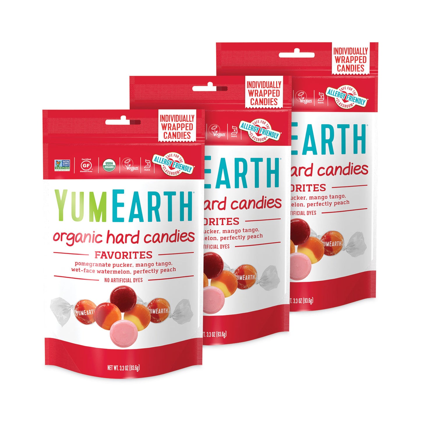 YumEarth Organic Favorite Fruit Hard Candies, 3.3 oz Bag, Assorted Flavors, 3 Bags/Pack (27000031)