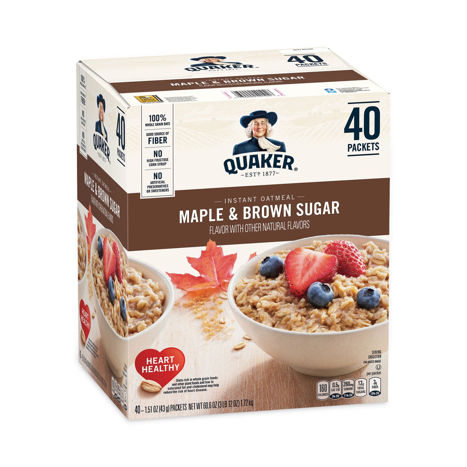 Quaker Instant Oatmeal, Maple and Brown Sugar, 1.51 oz Packet, 40/Carton (22000754)