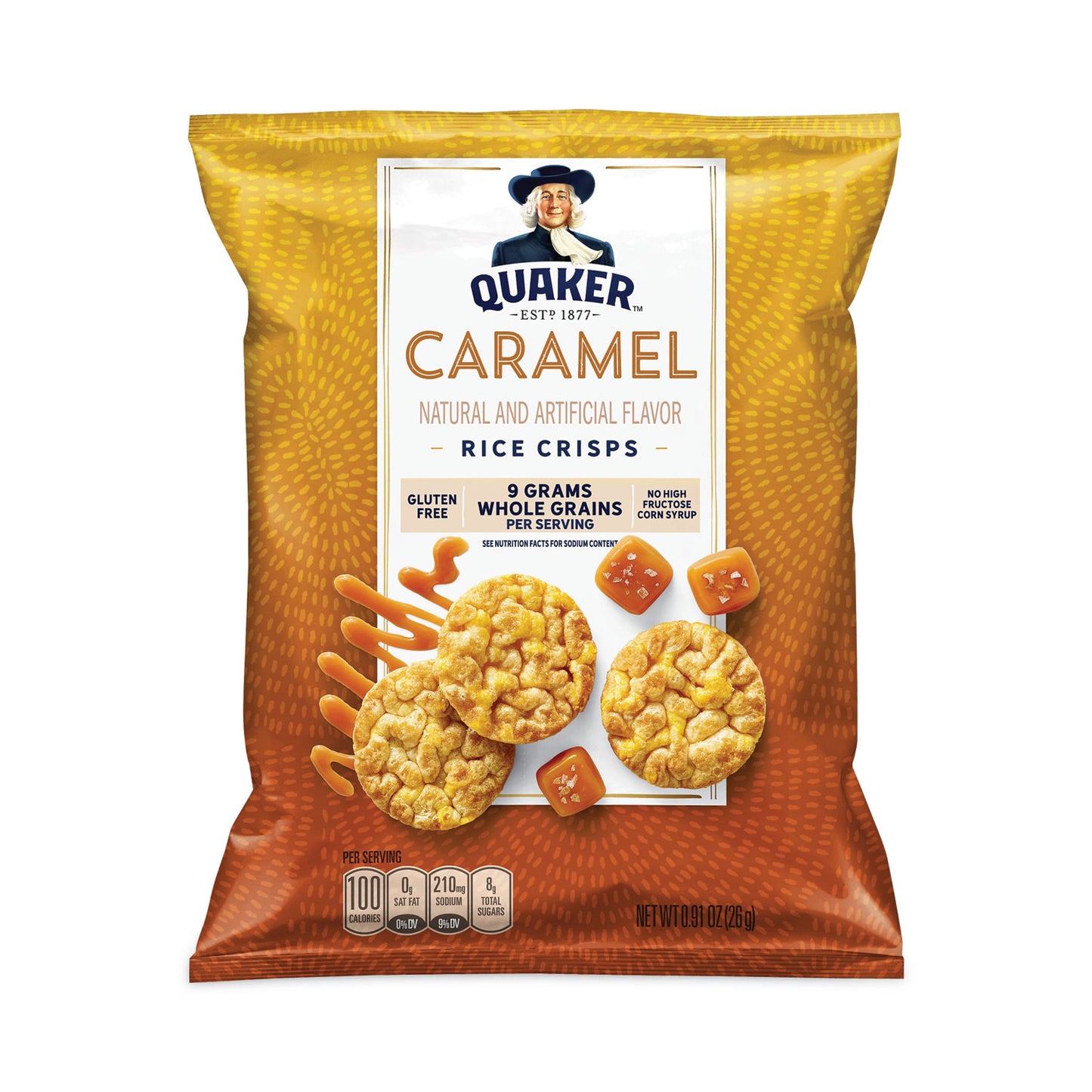 Quaker Rice Crisps, Caramel, 0.91 oz Bag, 60 Bags/Carton (29500052)