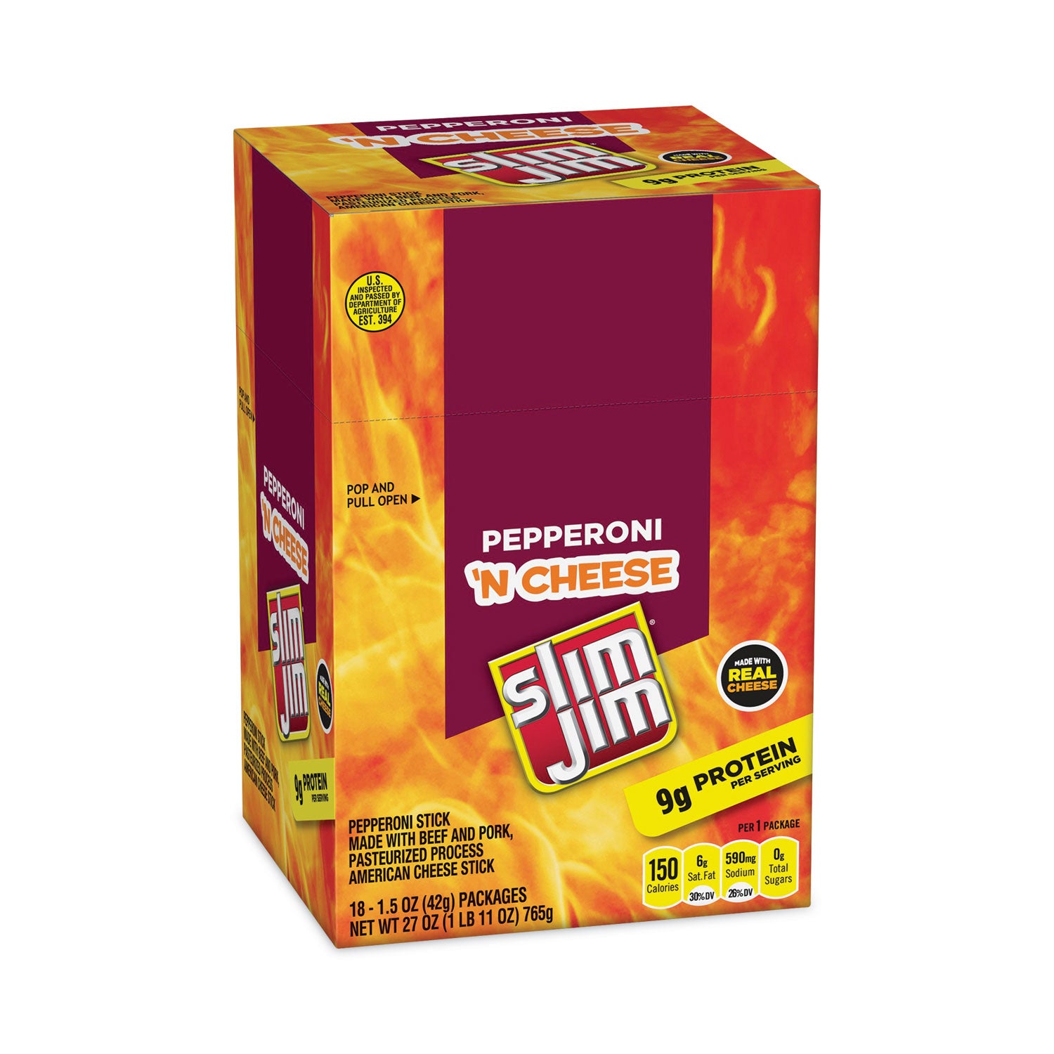 Slim Jim Pepperoni and Cheese Meat Sticks, 1.5 oz, 18/Carton (20900655)