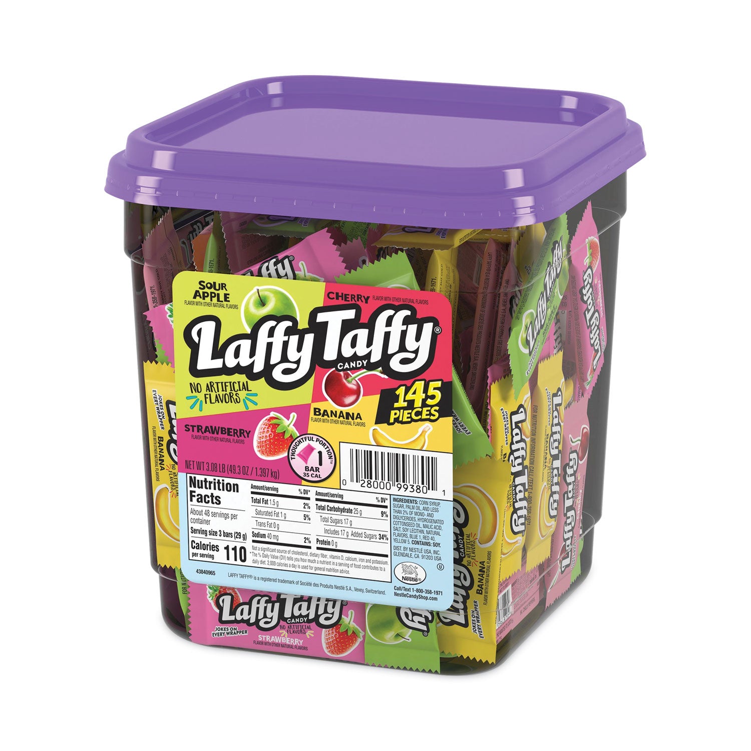 Nestle Laffy Taffy, Assorted Flavors, 3.08 lb Tub, 145 Wrapped Pieces/Tub (20900119)