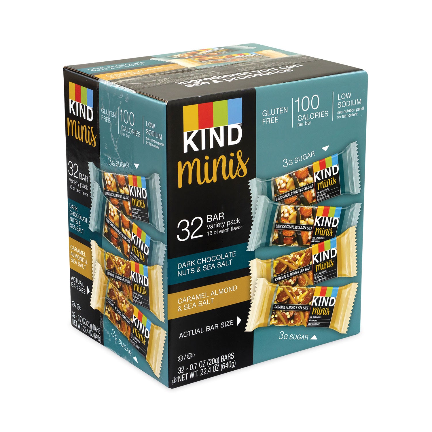 KIND Minis, Dark Chocolate Nuts Sea Salt/Caramel Almond Nuts Sea Salt, 0.7 oz Bar, 32 Bars/Carton (22000799)