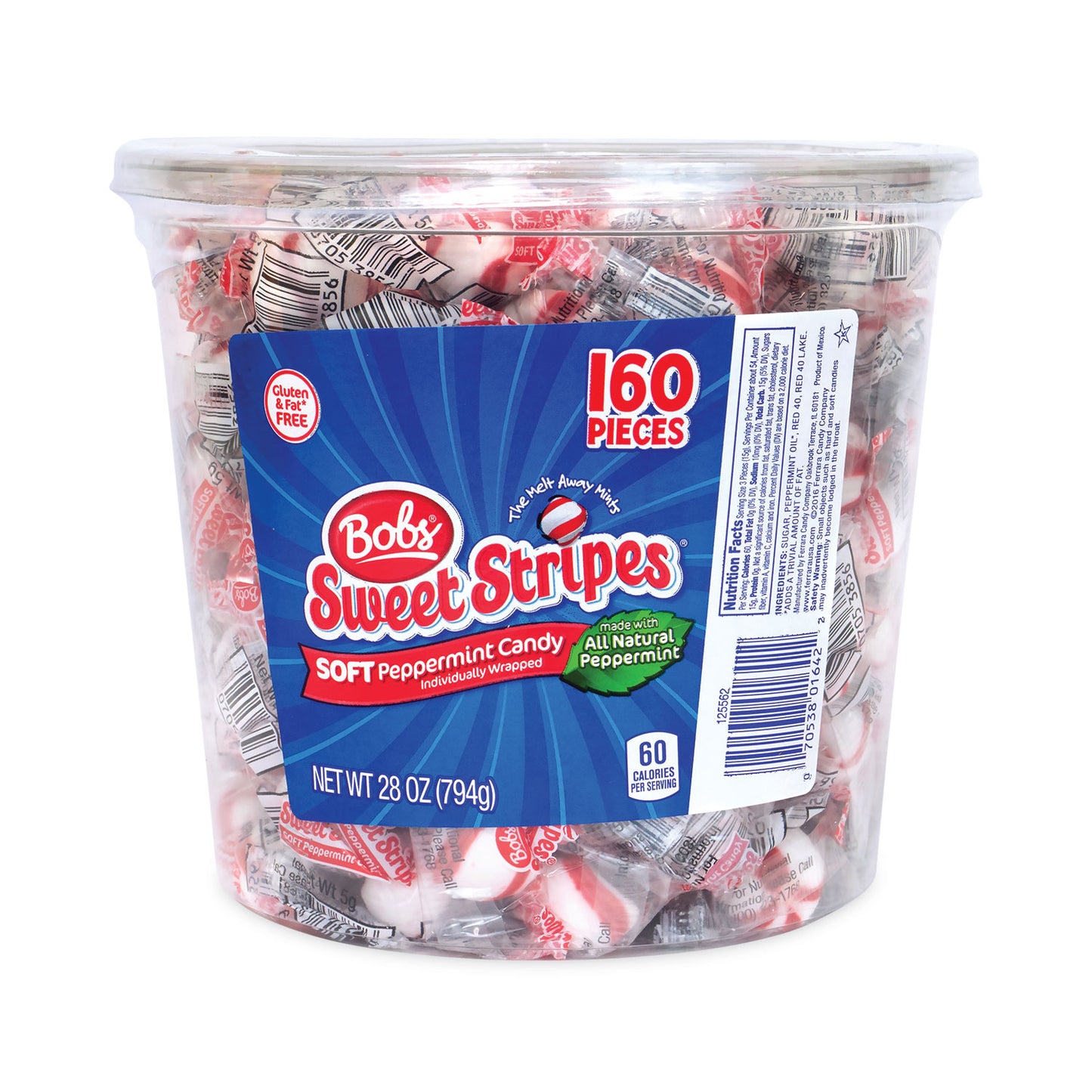 Ferrara Bobs Sweet Stripes Soft Candy, Peppermint, 28 oz Tub (20902493)