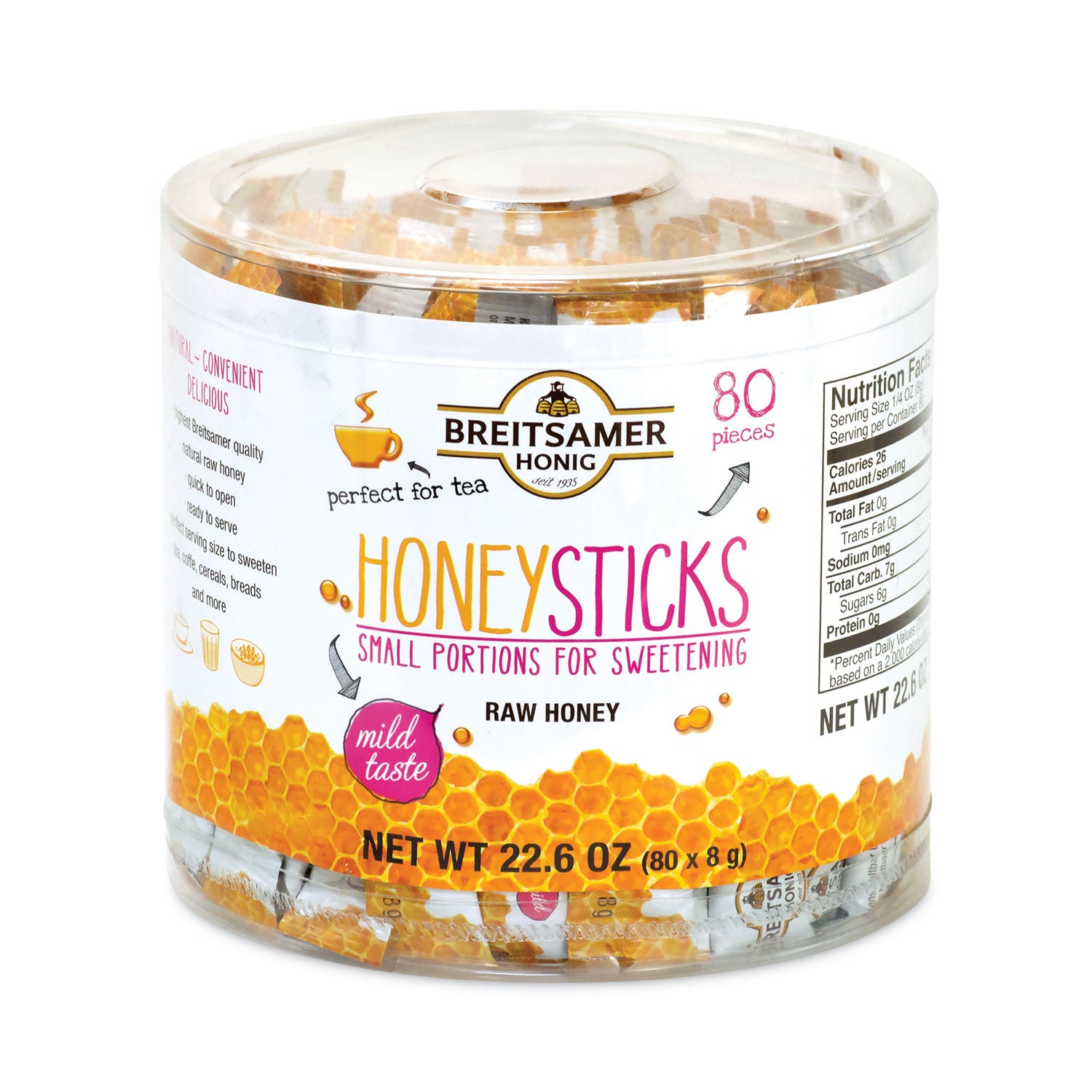 Breitsamer Honig Raw Honey Sticks, 0.28 oz, 80 Sticks/Tub, 1 Tub/Carton (20902630)