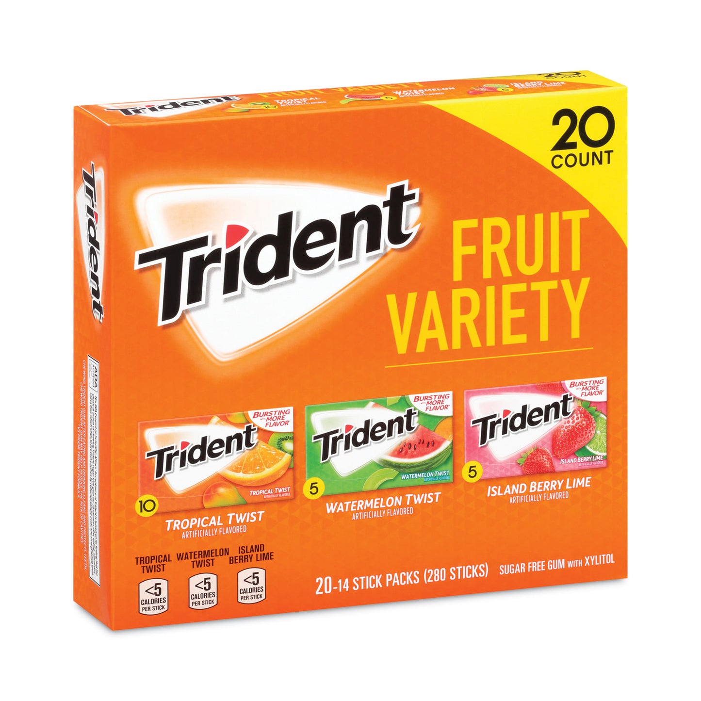 Trident Sugar-Free Gum, Fruit Variety, 14 Pieces/Pack, 20 Packs/Carton (22000891)