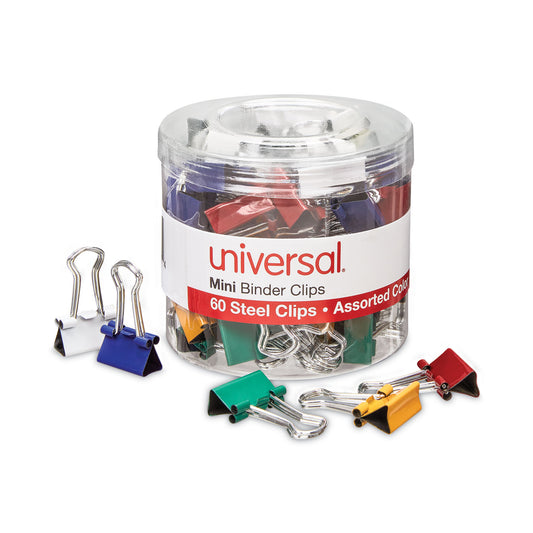 Universal Binder Clips with Storage Tub, Mini, Assorted Colors, 60/Pack (31027)