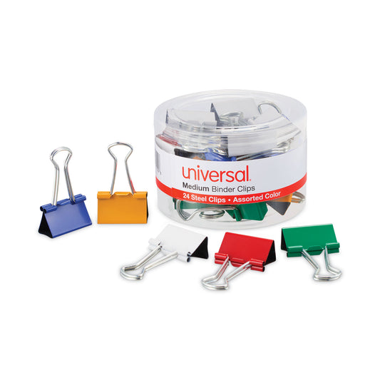 Universal Binder Clips with Storage Tub, Medium, Assorted Colors, 24/Pack (31029)