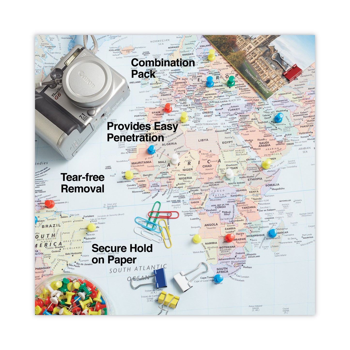 Universal Combo Clip Pack with 3-Tier Organizer Tub, (380) Small Paper Clips, (280) Push Pins, (46) Small Binder Clips, Assorted Colors (31203)