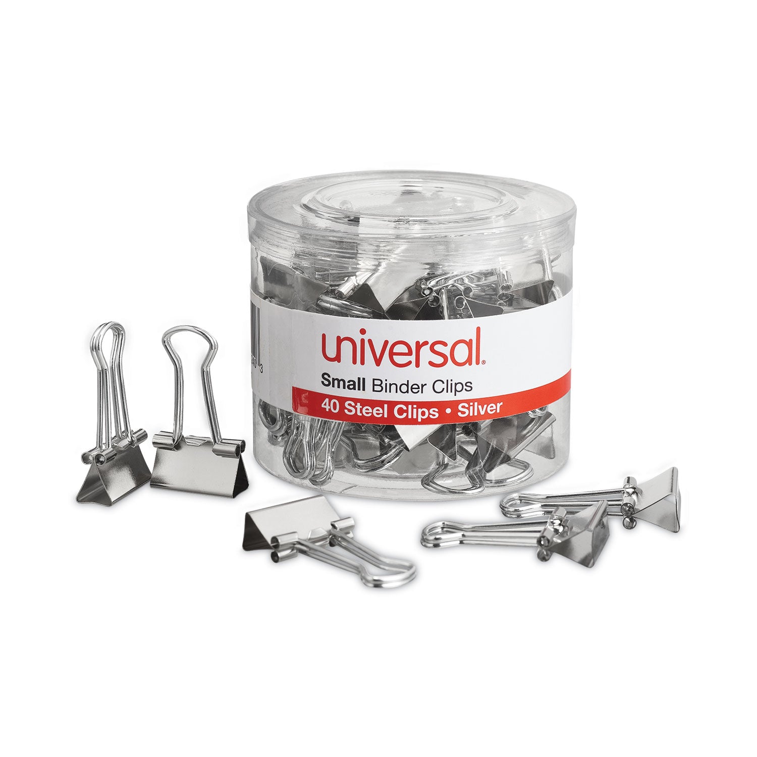 Universal Binder Clips with Storage Tub, Small, Silver, 40/Pack (11240)