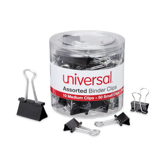 Universal Binder Clips with Storage Tub, (50) Small (0.75"), (10) Medium (1.25"), Black/Silver (11160)