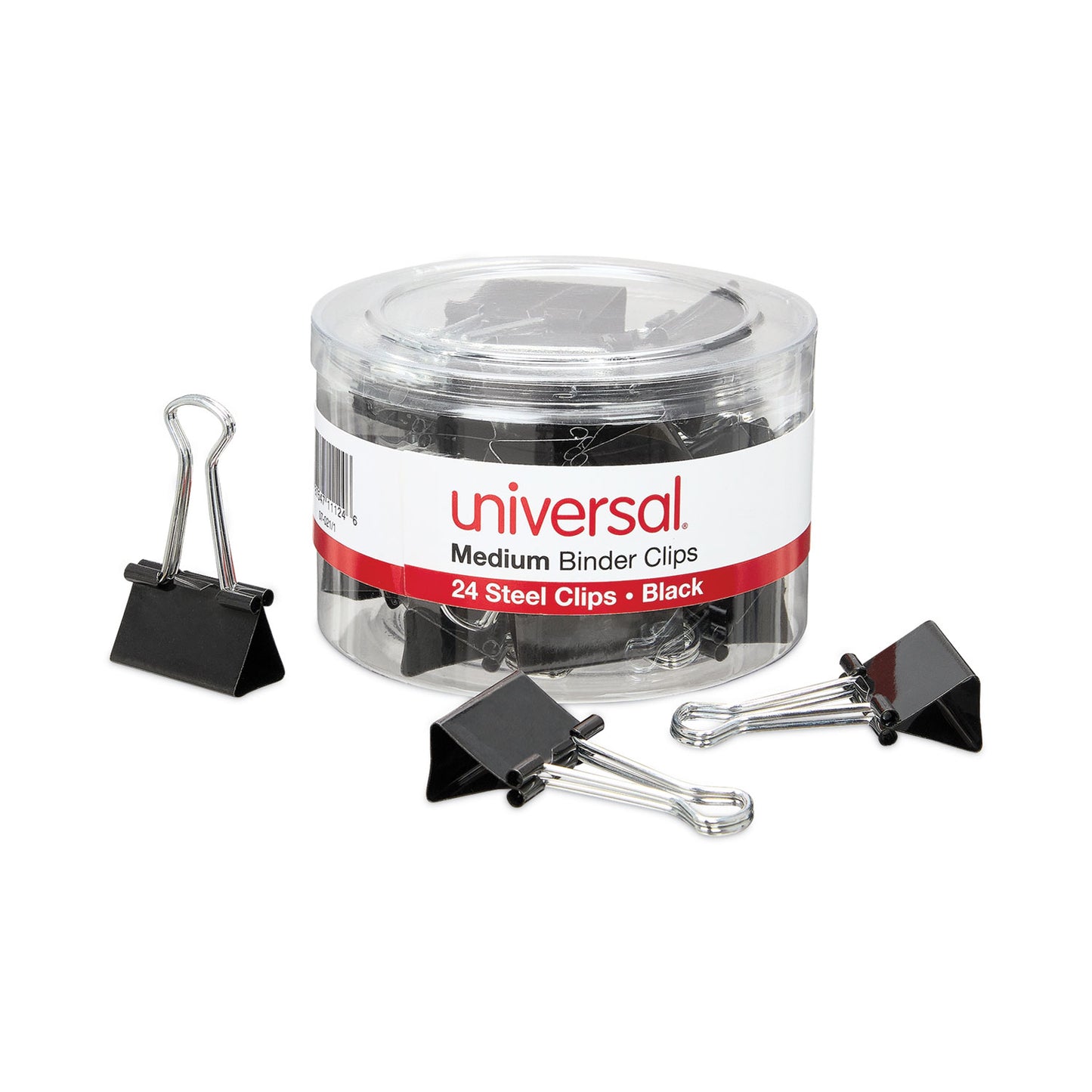 Universal Binder Clips with Storage Tub, Medium, Black/Silver, 24/Pack (11124)