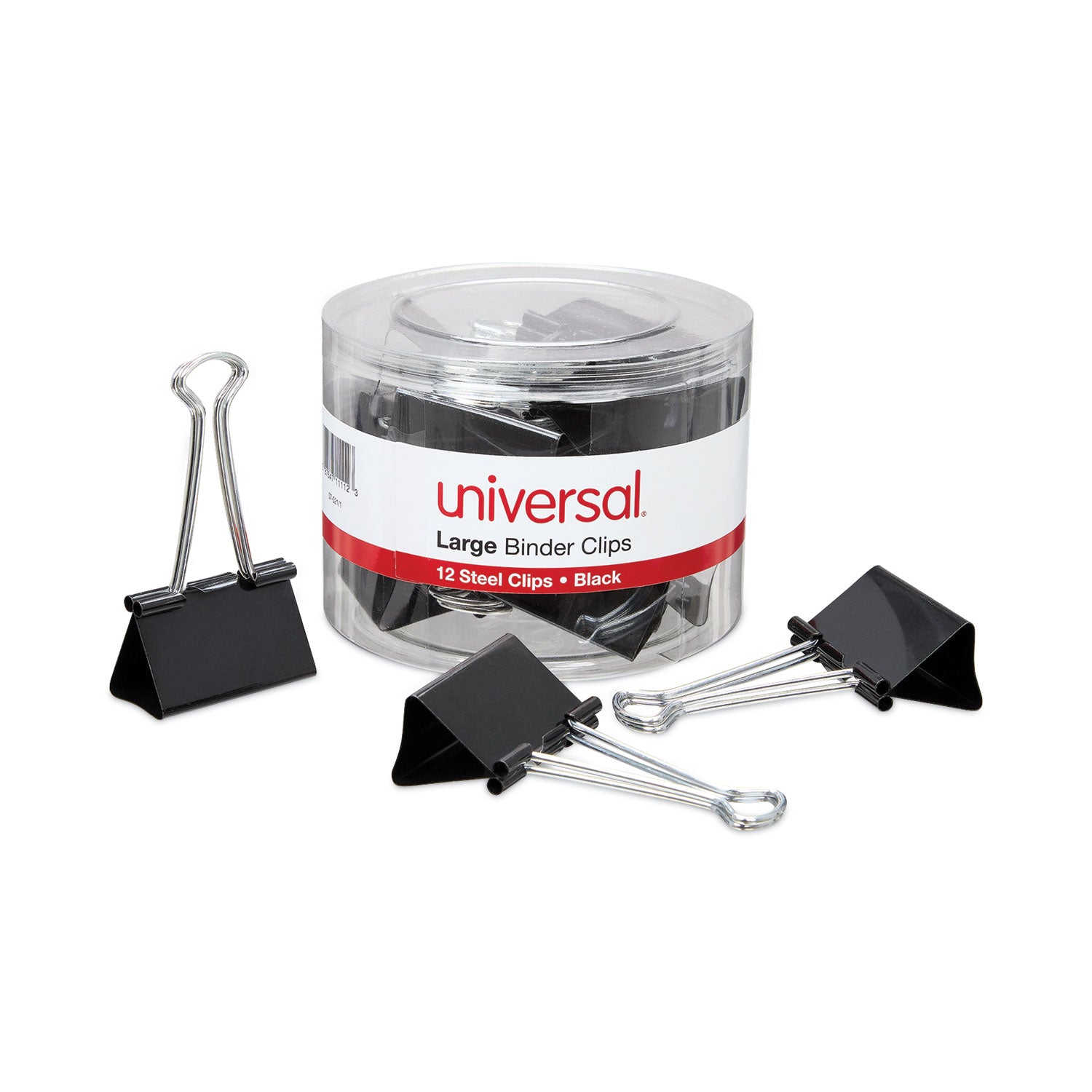 Universal Binder Clips with Storage Tub, Large, Black/Silver, 12/Pack (11112)