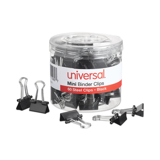 Universal Binder Clips with Storage Tub, Mini, Black/Silver, 60/Pack (11060)