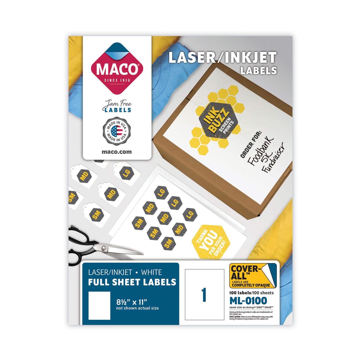 MACO Cover-All Opaque Laser/Inkjet Shipping Labels, Full-Sheet Format, Inkjet/Laser Printers, 8.5 x 11, White, 100/Box (ML0100)