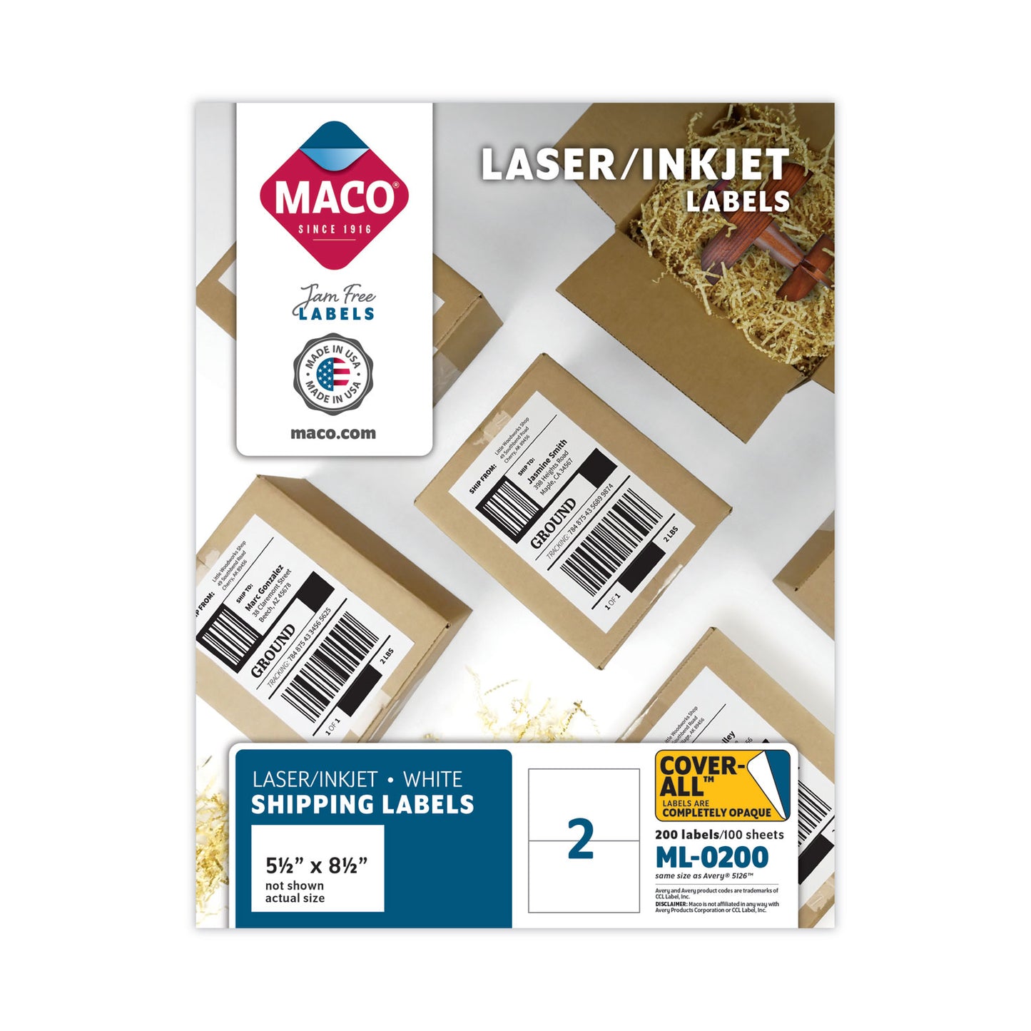 MACO Cover-All Opaque Laser/Inkjet Shipping Labels, Internet Format, 5.5 x 8.5, White, 2 Labels/Sheet, 100 Sheets/Box (ML0200)