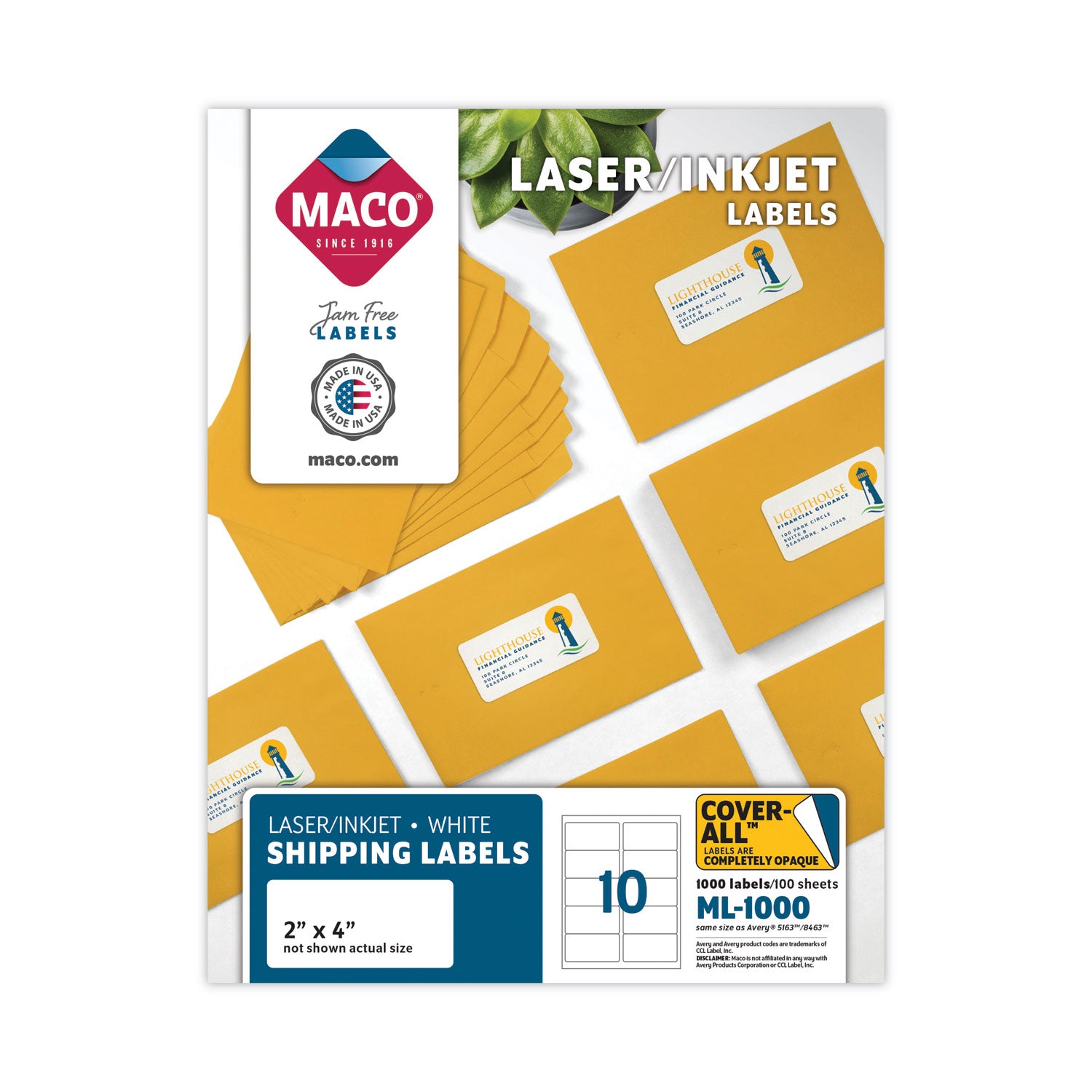 MACO Cover-All Opaque Laser/Inkjet Shipping Labels, Inkjet/Laser Printers, 2 x 4, White, 10 Labels/Sheet, 100 Sheets/Box (ML1000)