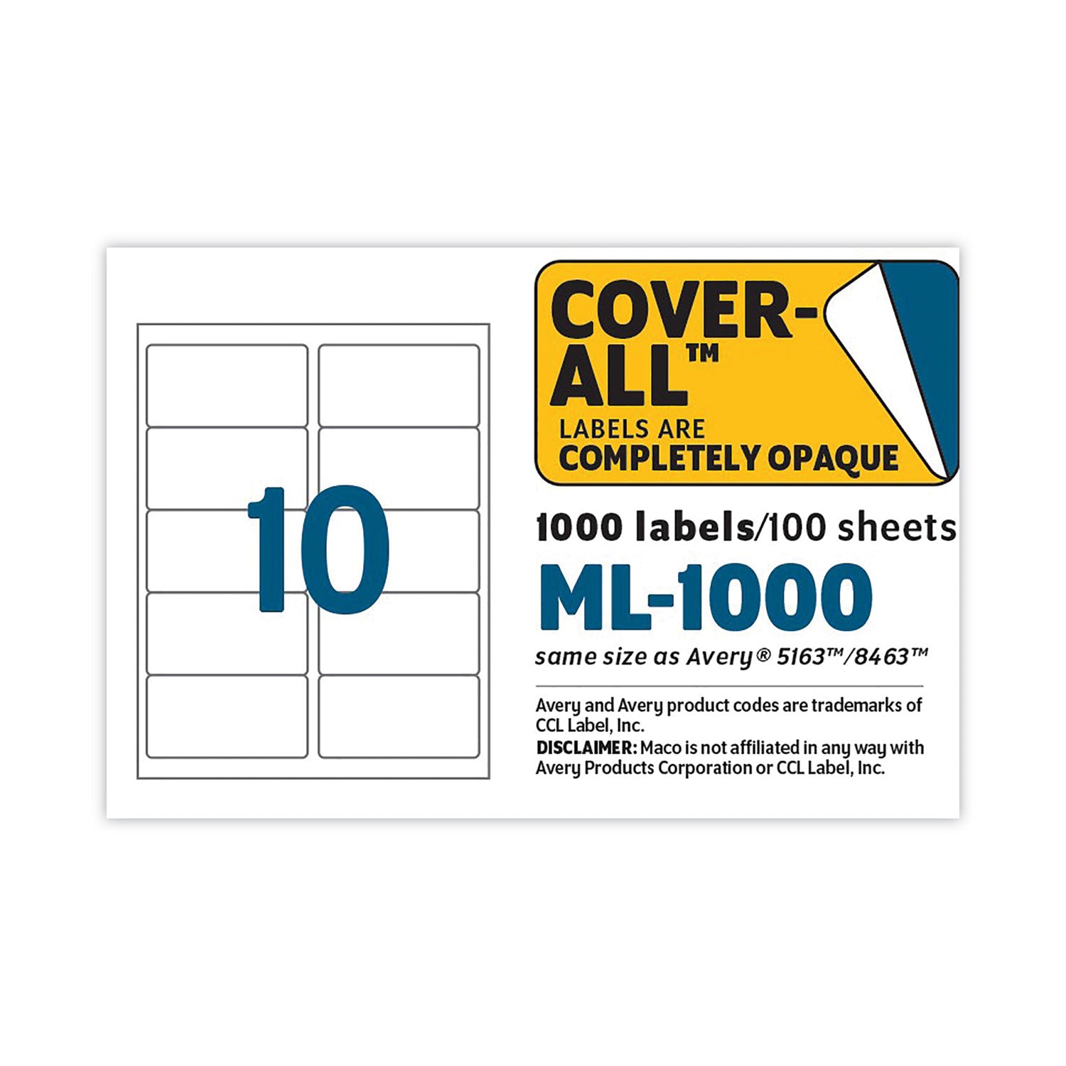 MACO Cover-All Opaque Laser/Inkjet Shipping Labels, Inkjet/Laser Printers, 2 x 4, White, 10 Labels/Sheet, 100 Sheets/Box (ML1000)