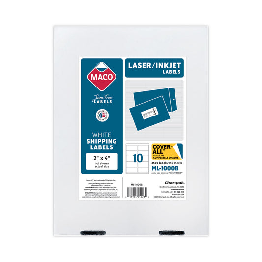 MACO Cover-All Opaque Laser/Inkjet Shipping Labels, Inkjet/Laser Printers, 2 x 4, White, 10 Labels/Sheet, 250 Sheets/Box (ML1000B)