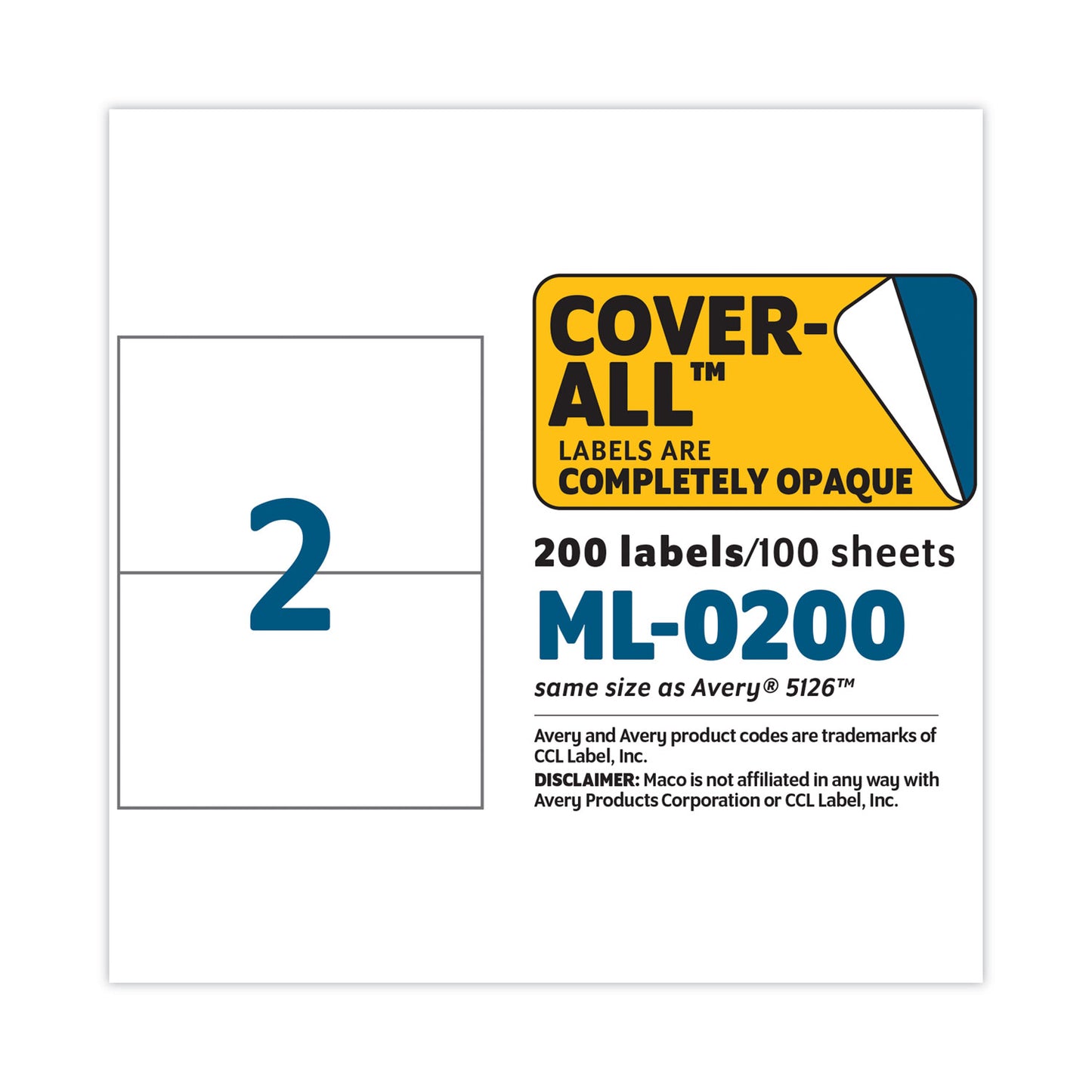 MACO Cover-All Opaque Laser/Inkjet Shipping Labels, Internet Format, 5.5 x 8.5, White, 2 Labels/Sheet, 100 Sheets/Box (ML0200)