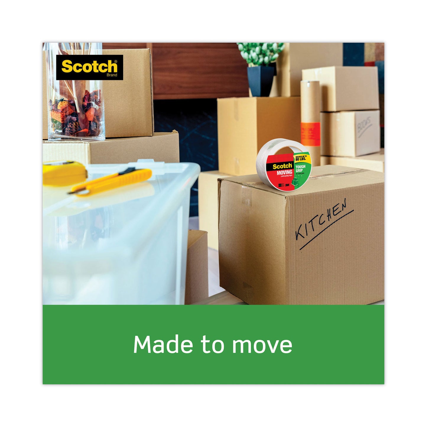 Scotch Tough Grip Moving Packaging Tape, 3" Core, 1.88" x 38.2 yds, Clear, 3/Pack (35003ESF)