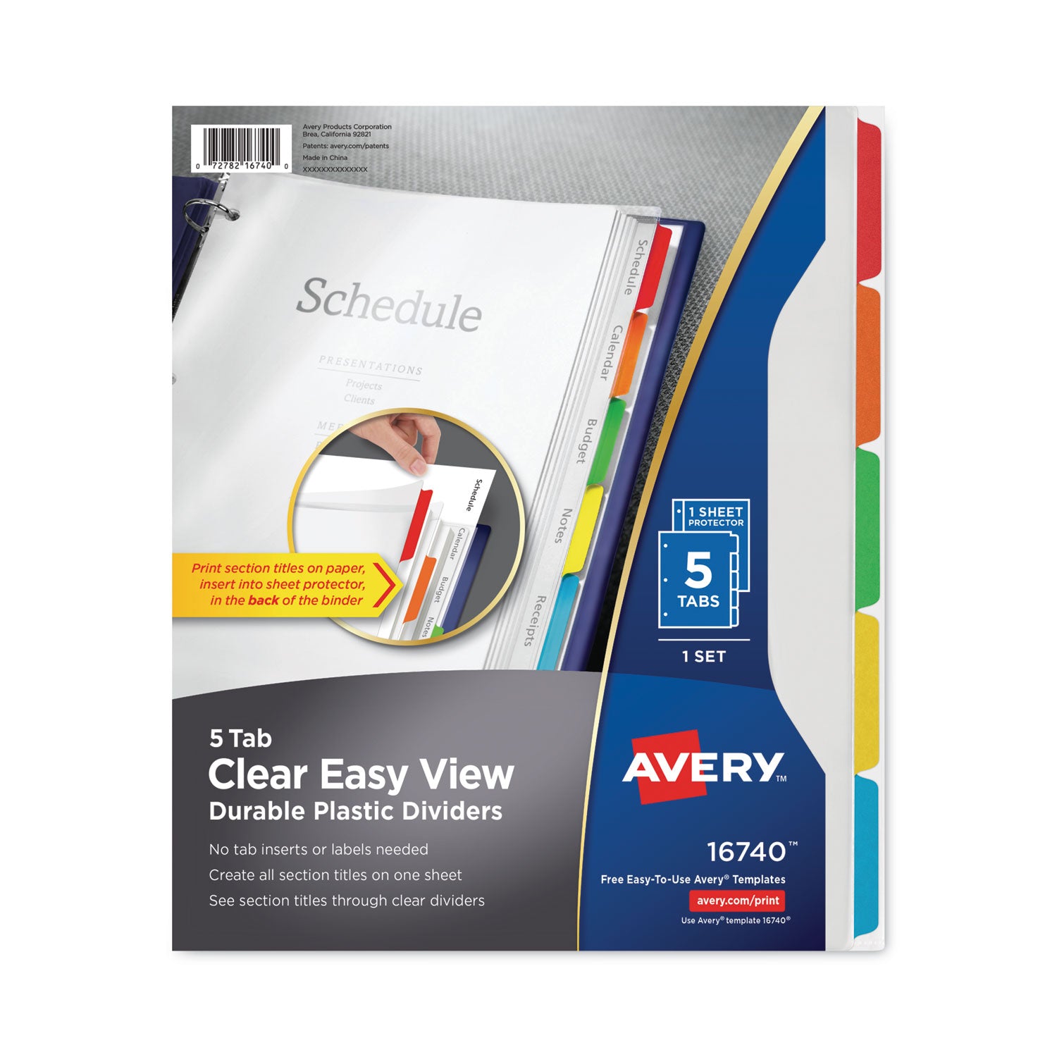Avery Clear Easy View Plastic Dividers with Multicolored Tabs and Sheet Protector, 5-Tab, 11 x 8.5, Clear, 1 Set (16740)