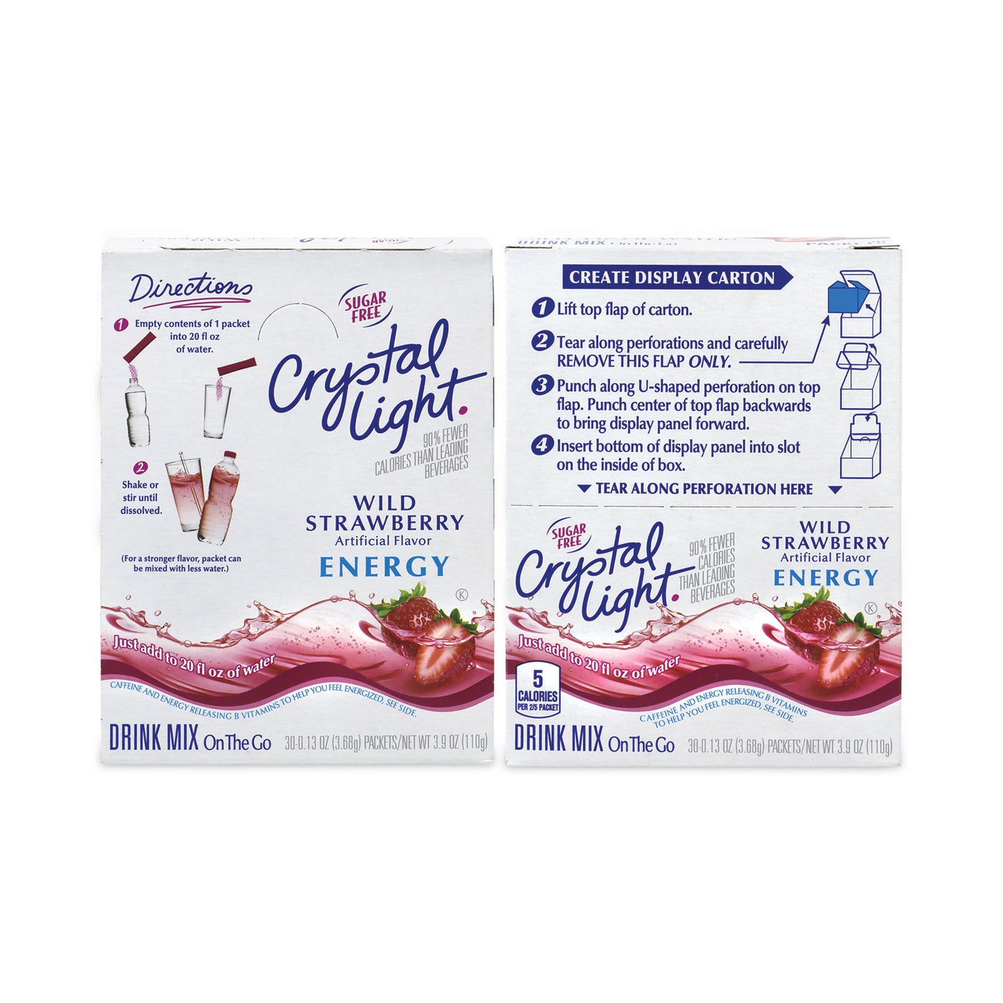 Crystal Light On-The-Go Sugar-Free Drink Mix, Wild Strawberry Energy, 0.13 oz Single-Serving, 30/Pack, 2 Packs/Carton (30700158)