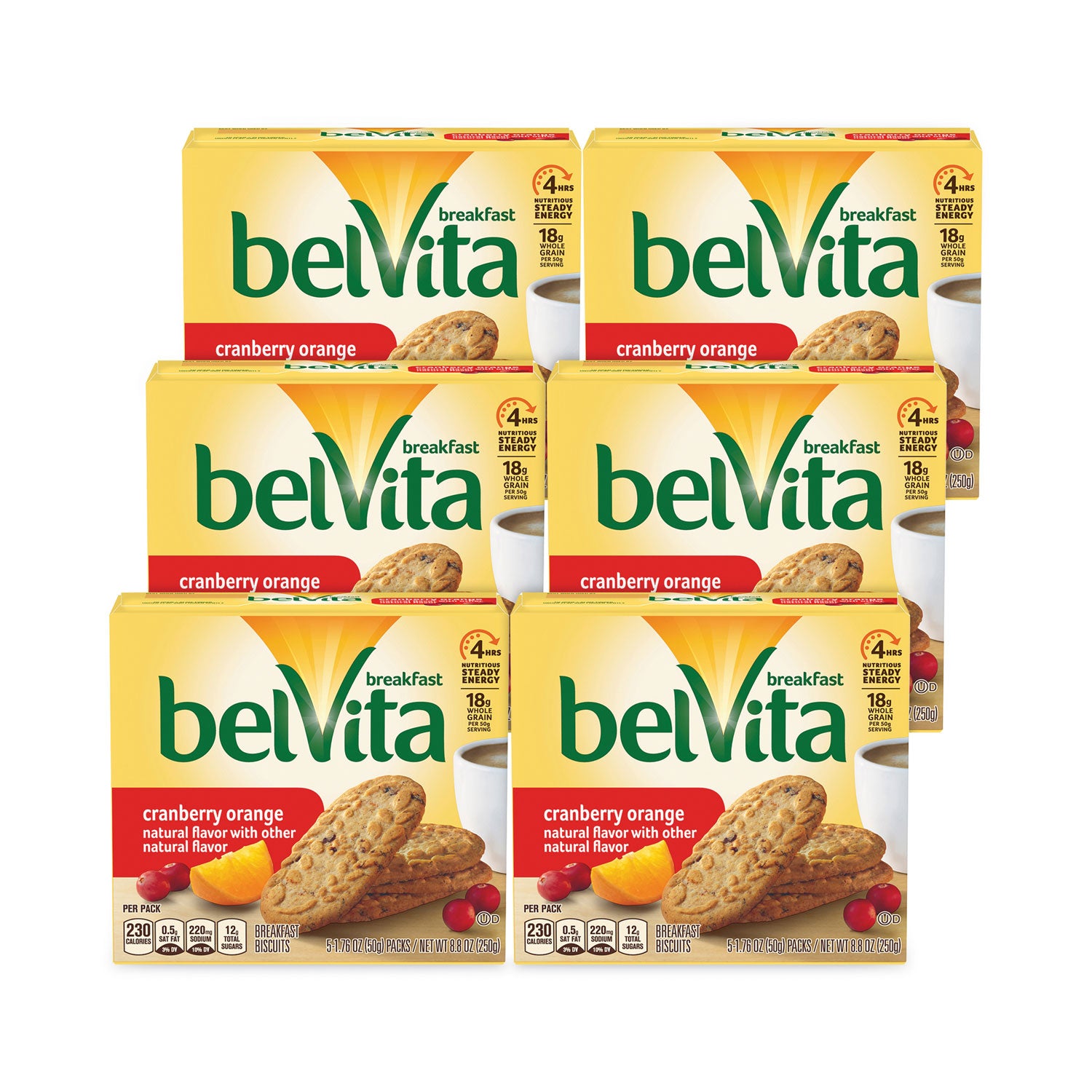 belVita Cranberry Orange Crunchy Breakfast Biscuits, 1.76 oz Packet of 6, 5 Packs/Box, 6 Boxes/Carton (30700145)