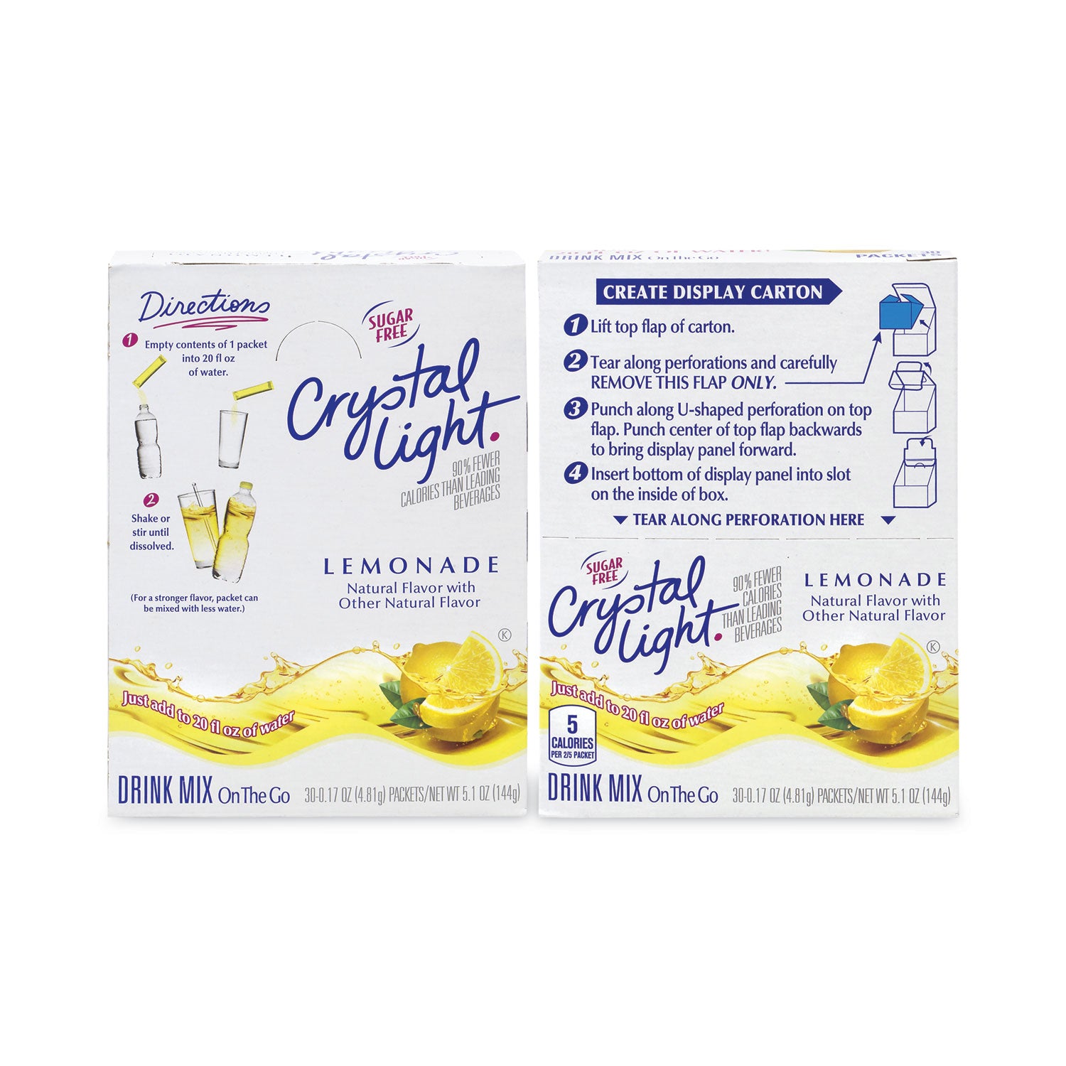 Crystal Light On-The-Go Sugar-Free Drink Mix, Lemonade, 0.17 oz Single-Serving Tubes, 30/Pack, 2 Packs/Carton (30700153)