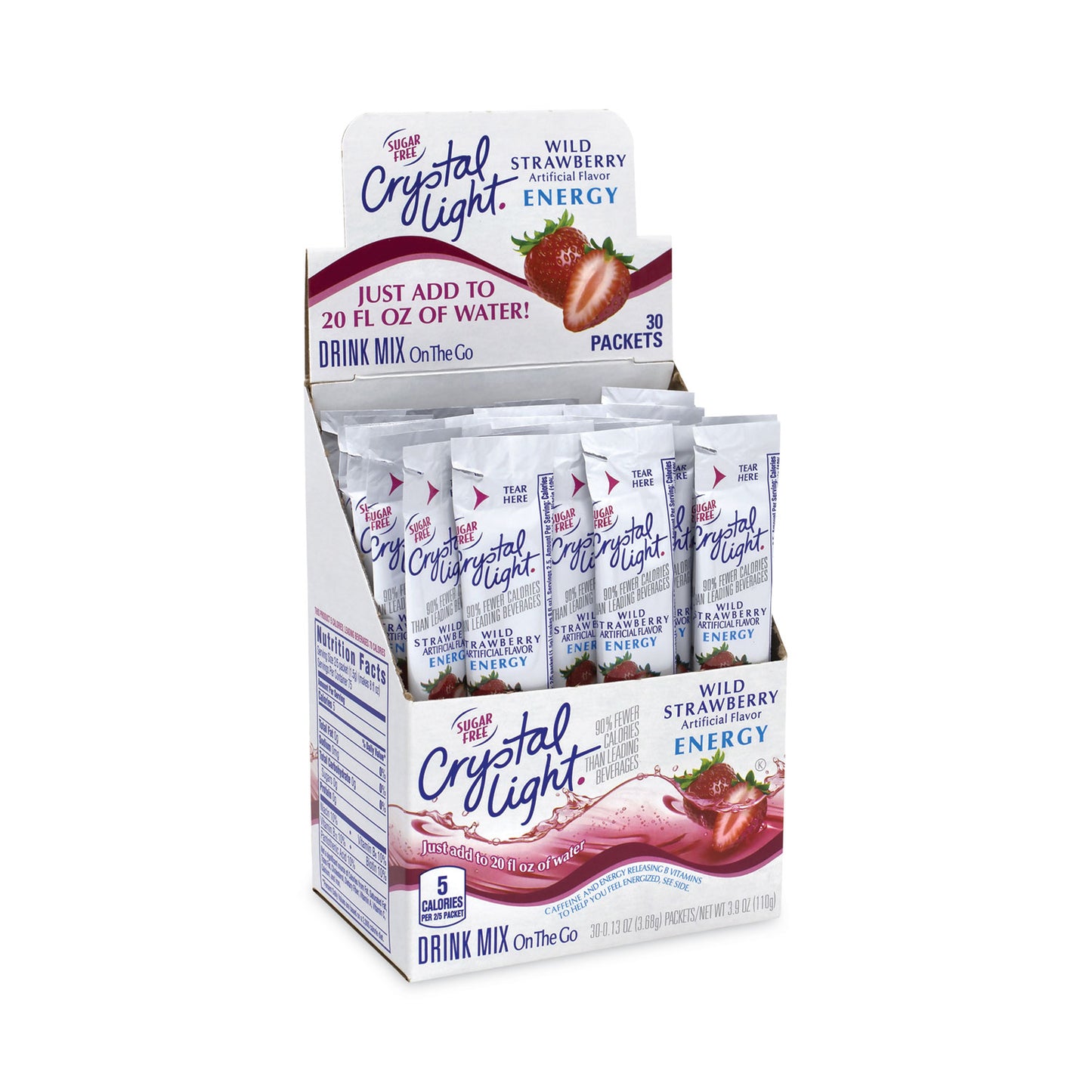 Crystal Light On-The-Go Sugar-Free Drink Mix, Wild Strawberry Energy, 0.13 oz Single-Serving, 30/Pack, 2 Packs/Carton (30700158)