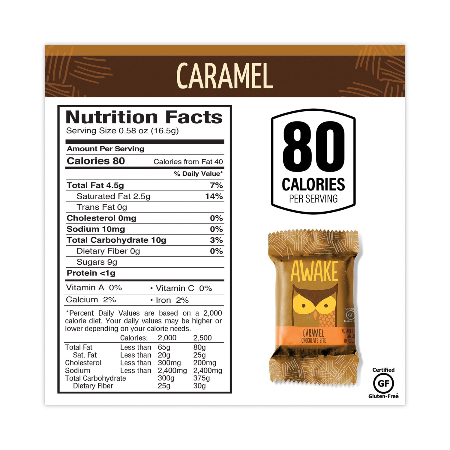 Awake Caffeinated Caramel Chocolate Bites, 0.58 oz Bars, 50 Bars/Carton (30700315)