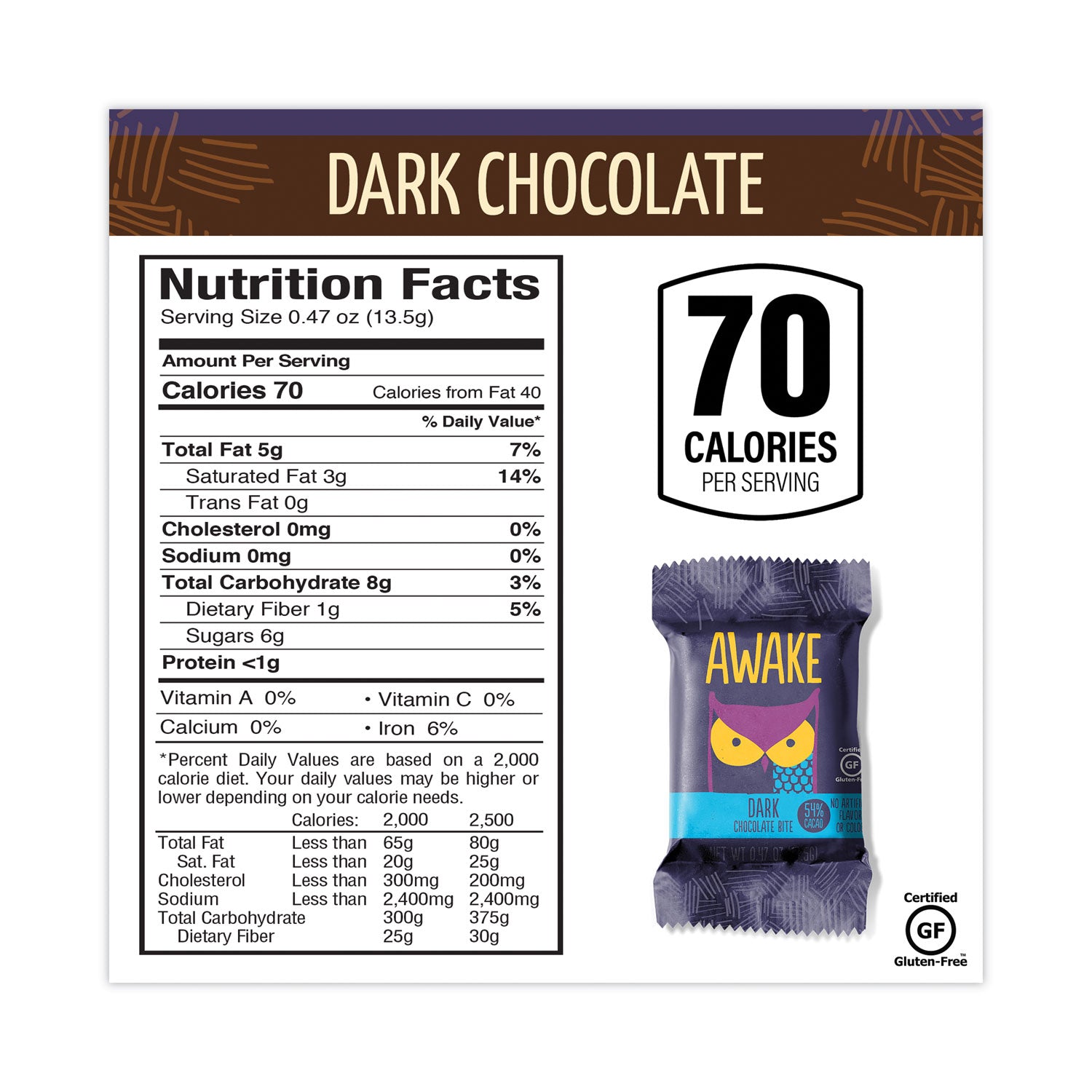 Awake Caffeinated Dark Chocolate Bites, 0.47 oz Bars, 50 Bars/Carton (30700314)