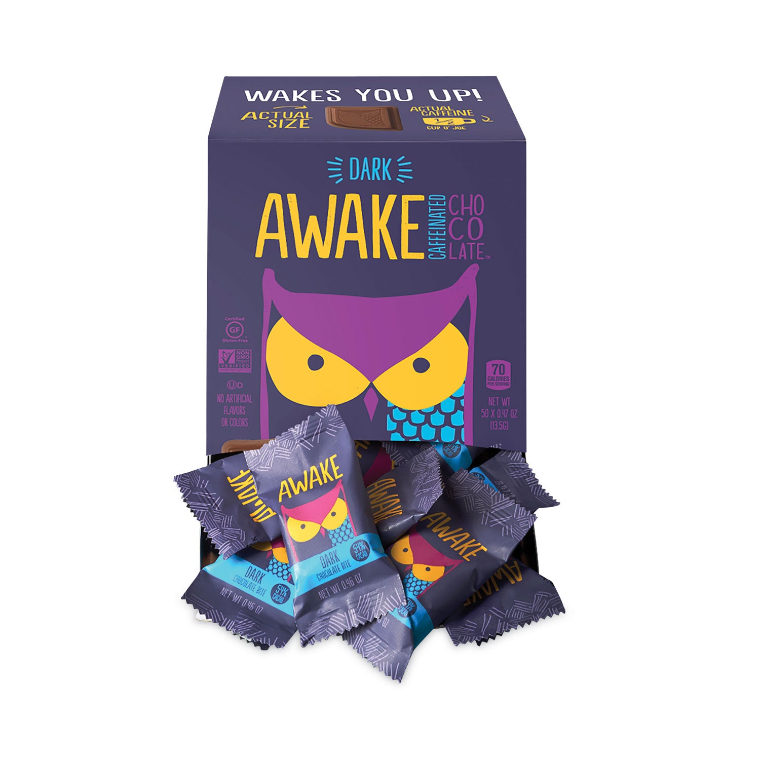 Awake Caffeinated Dark Chocolate Bites, 0.47 oz Bars, 50 Bars/Carton (30700314)