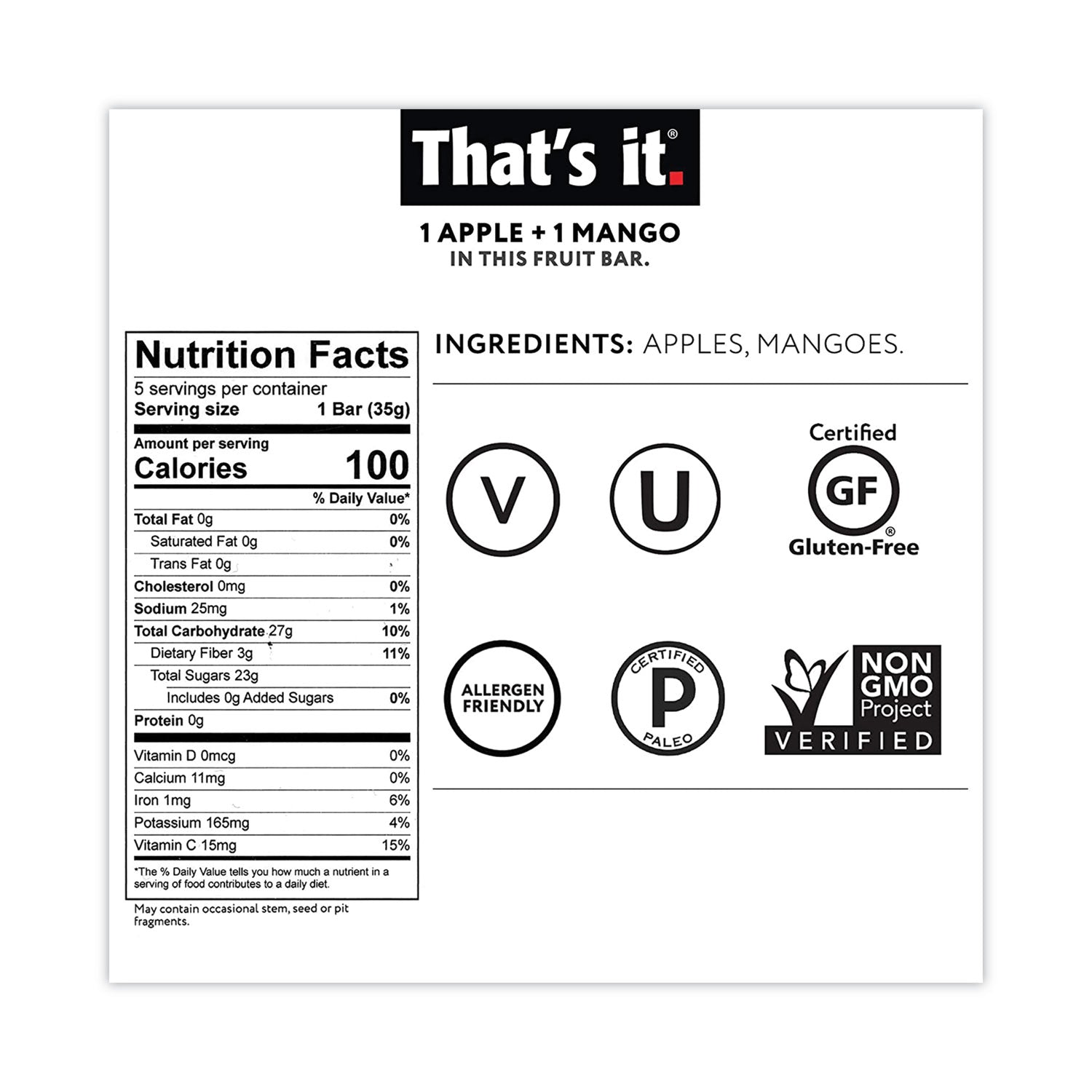 Thats it. Nutrition Bar, Gluten Free Apple and Mango Fruit, 1.2 oz Bar, 12/Carton (30700257)