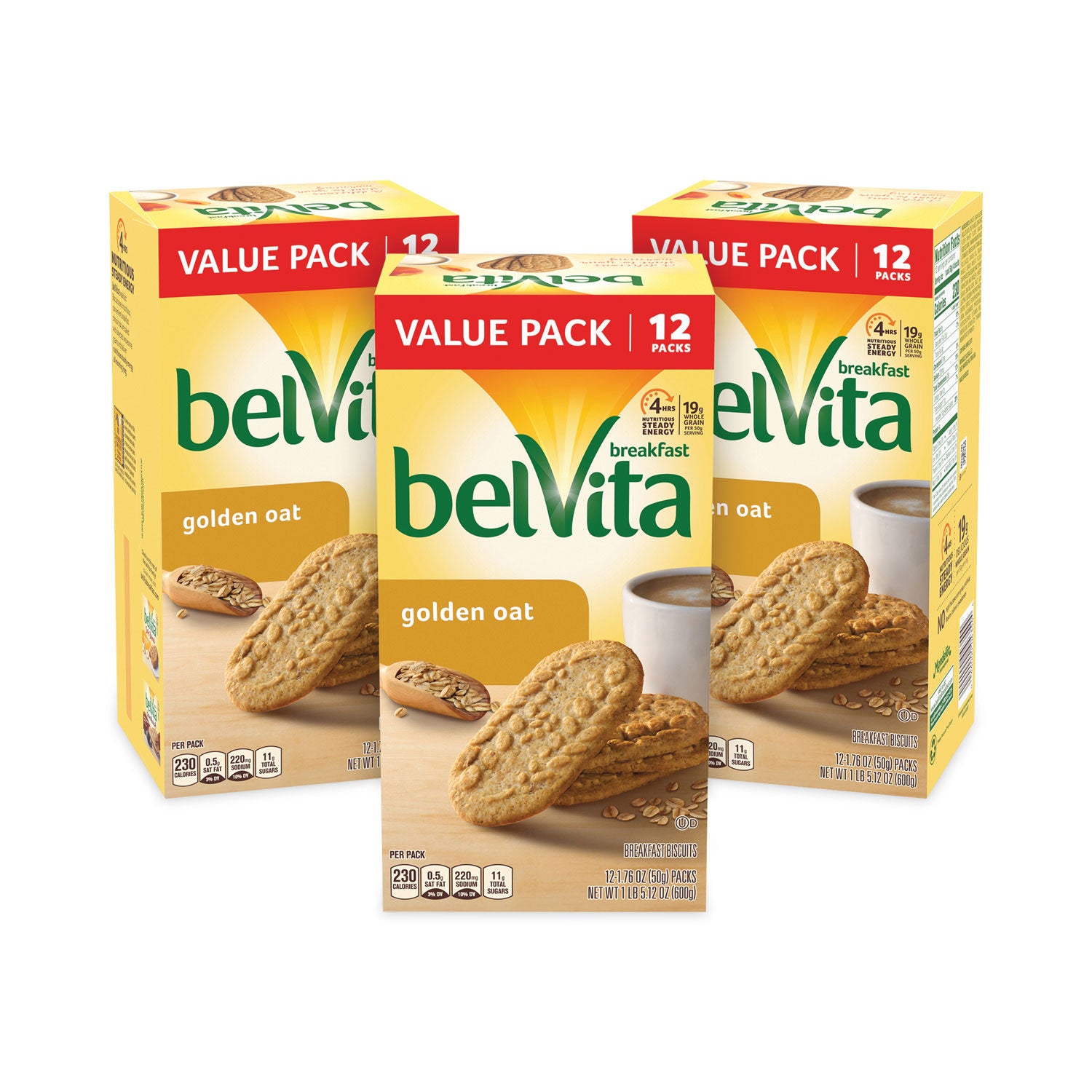 Nabisco belVita Breakfast Biscuits, Golden Oat, 1.76 oz Packet of 4, 12 Packets/Box, 3 Boxes/Carton (30700147)