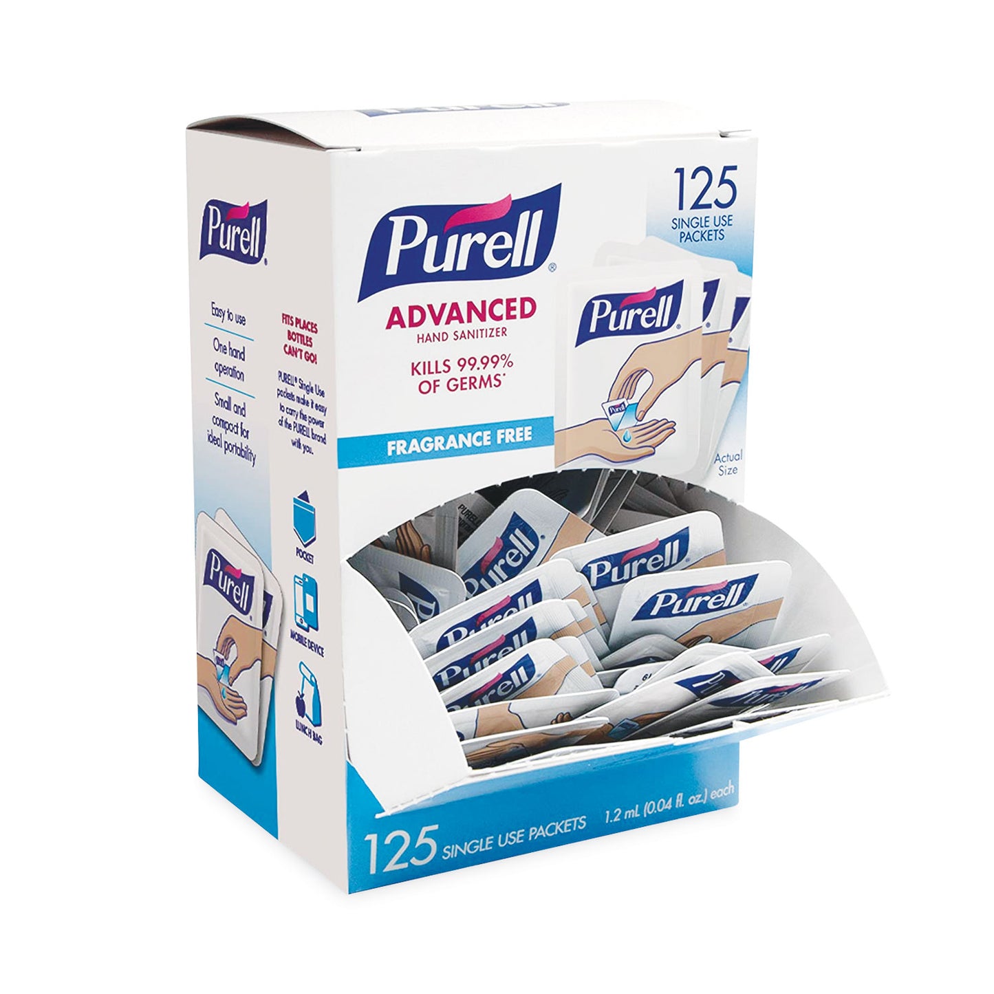 PURELL Advanced Hand Sanitizer Single Use, Gel , 1.2 mL, Packet, Fragrance-Free, 125/Box, 12 Box/Carton (9630125NSCT)