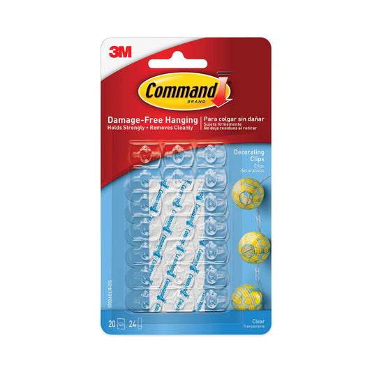 Command Clear Hooks and Strips, Decorating Clips, Plastic, 0.1 lb Capacity, 20 Clips and 24 Strips/Pack (17026CLRES)