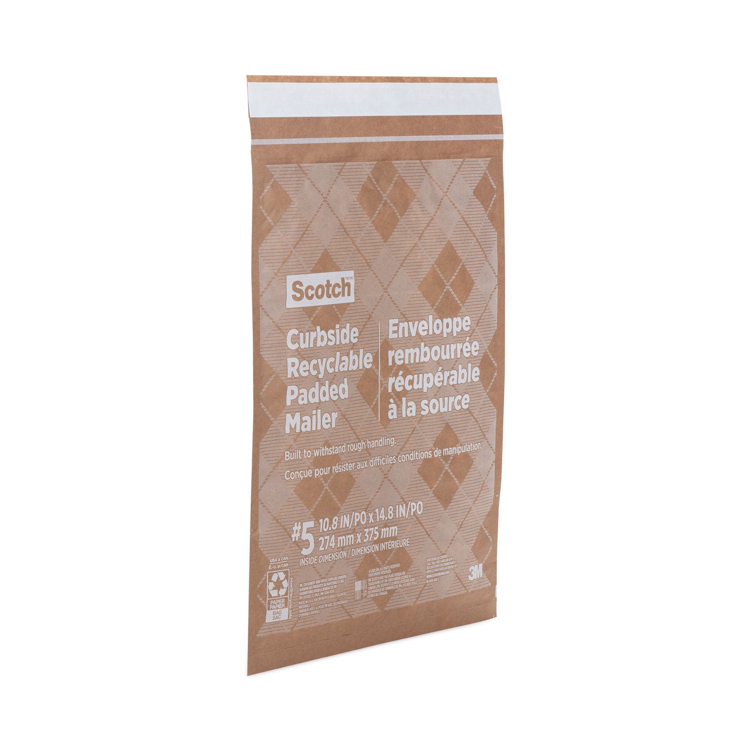Scotch Curbside Recyclable Padded Mailer, #5, Bubble Cushion, Self-Adhesive Closure, 12 x 17.25, Natural Kraft, 100/Carton (CR51)