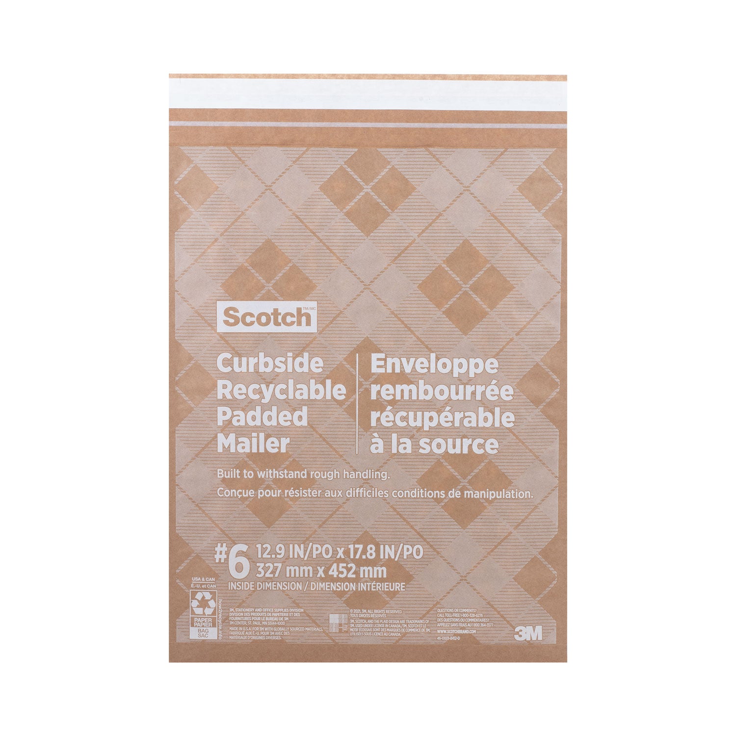 Scotch Curbside Recyclable Padded Mailer, #6, Bubble Cushion, Self-Adhesive Closure, 13.75 x 20, Natural Kraft, 50/Carton (CR61)