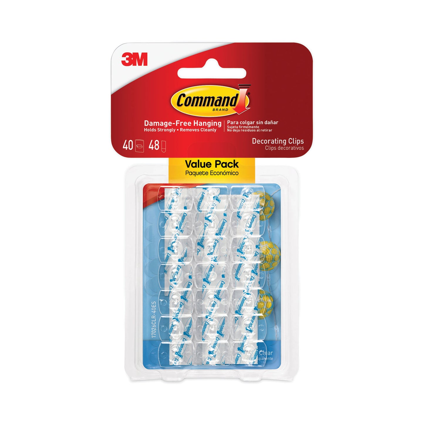 Command Clear Hooks and Strips, Decorating Clips, Plastic, 0.15 lb Capacity, 40 Clips and 48 Strips/Pack (17026CLR40ES)