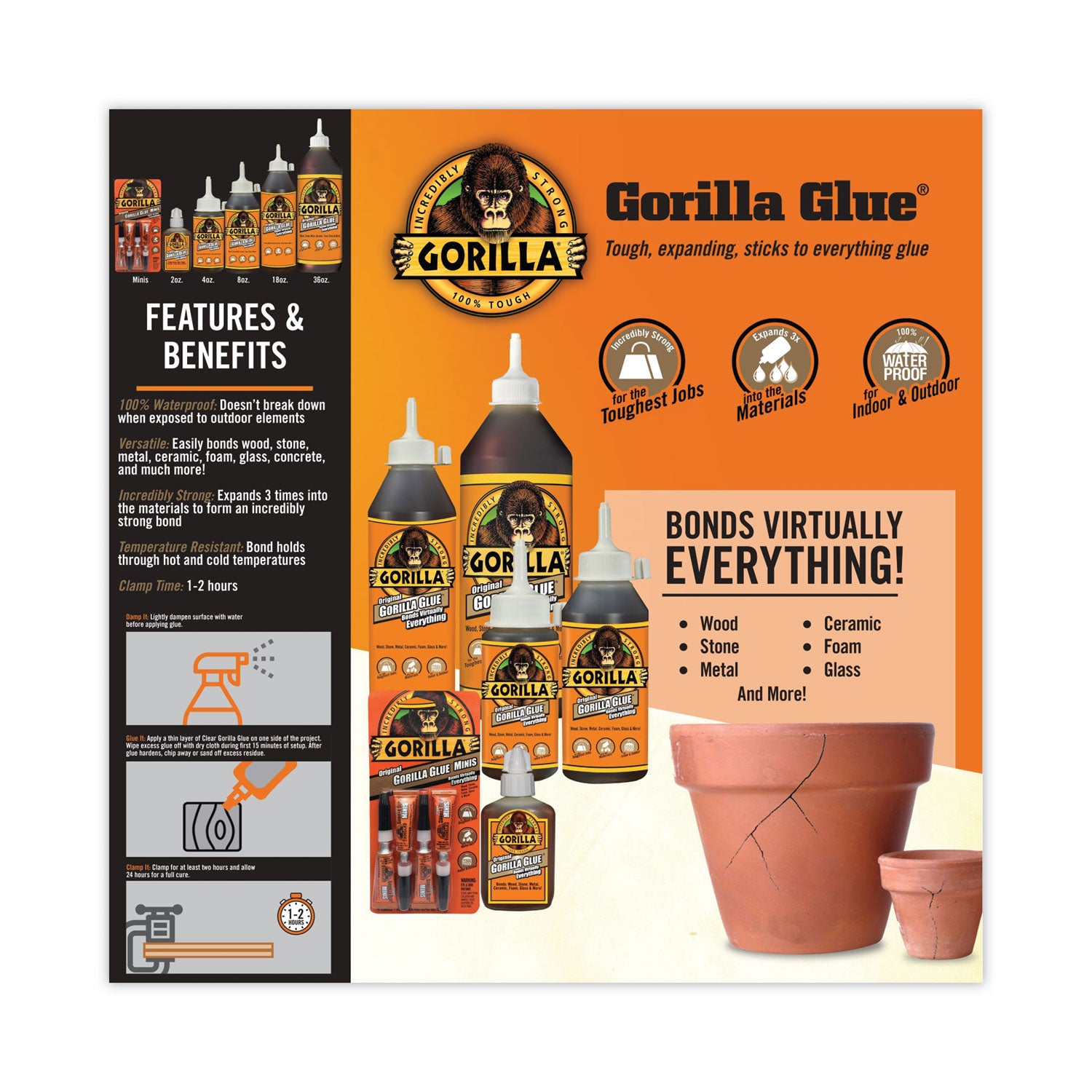 Gorilla Original Formula Glue, 4 oz, Dries Light Brown (5000408)