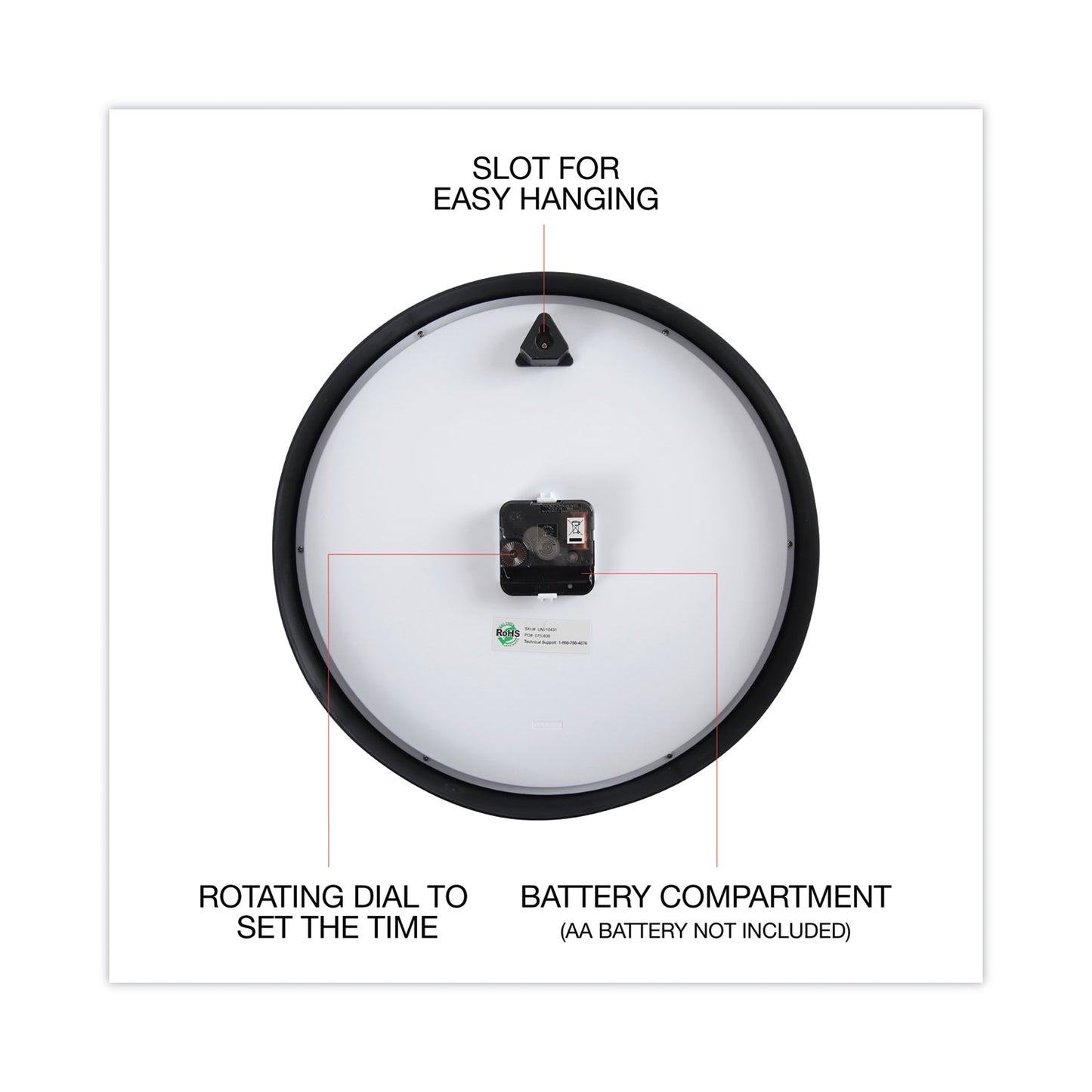 Universal Classic Round Wall Clock, 12.63" Overall Diameter, Black Case, 1 AA (sold separately) (10431)