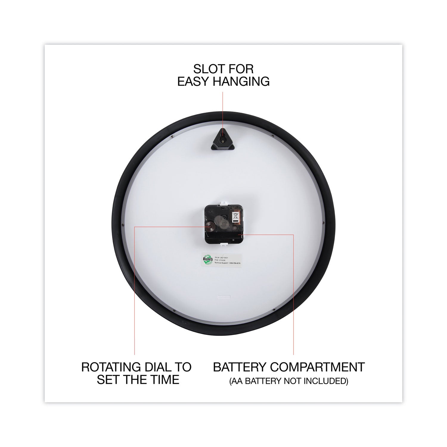 Universal Classic Round Wall Clock, 12.63" Overall Diameter, Black Case, 1 AA (sold separately) (10431)