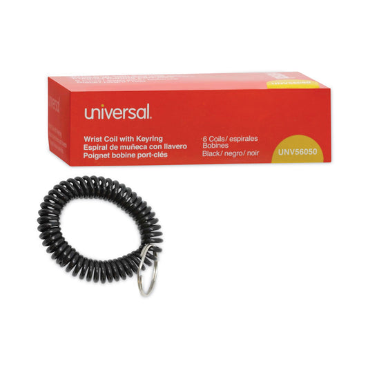 Universal Wrist Coil Plus Key Ring, Plastic, Black, 6/Pack (56050)