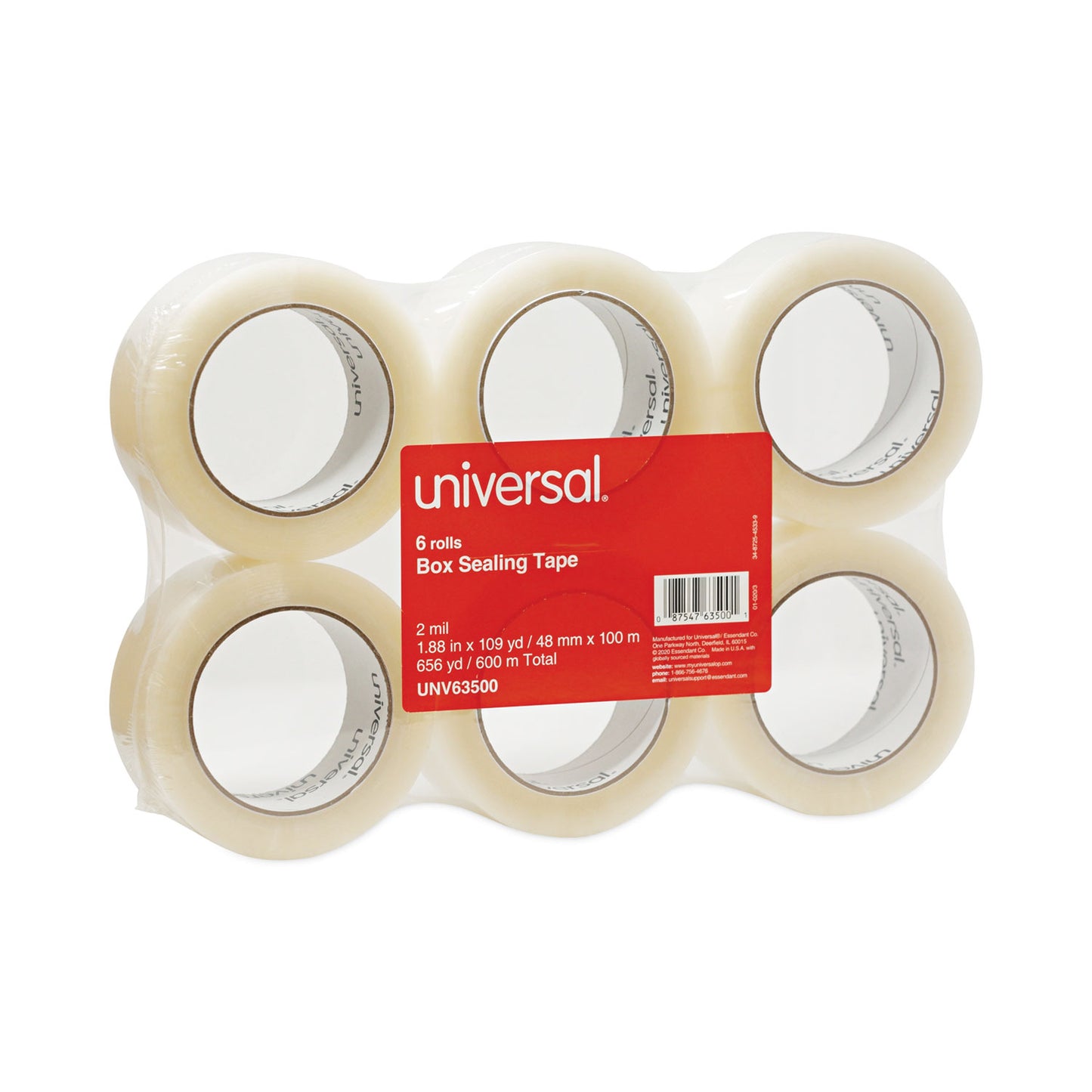 Universal General-Purpose Box Sealing Tape, 3" Core, 1.88" x 110 yds, Clear, 6/Pack (63500)