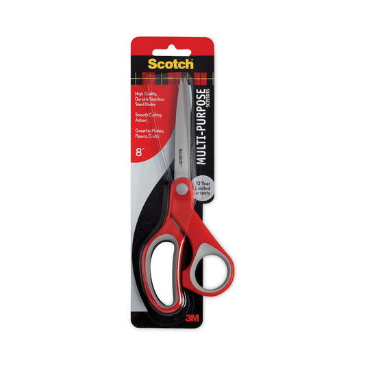 Scotch Multi-Purpose Scissors, 8" Long, 3.38" Cut Length, Straight Gray/Red Handle (1428)