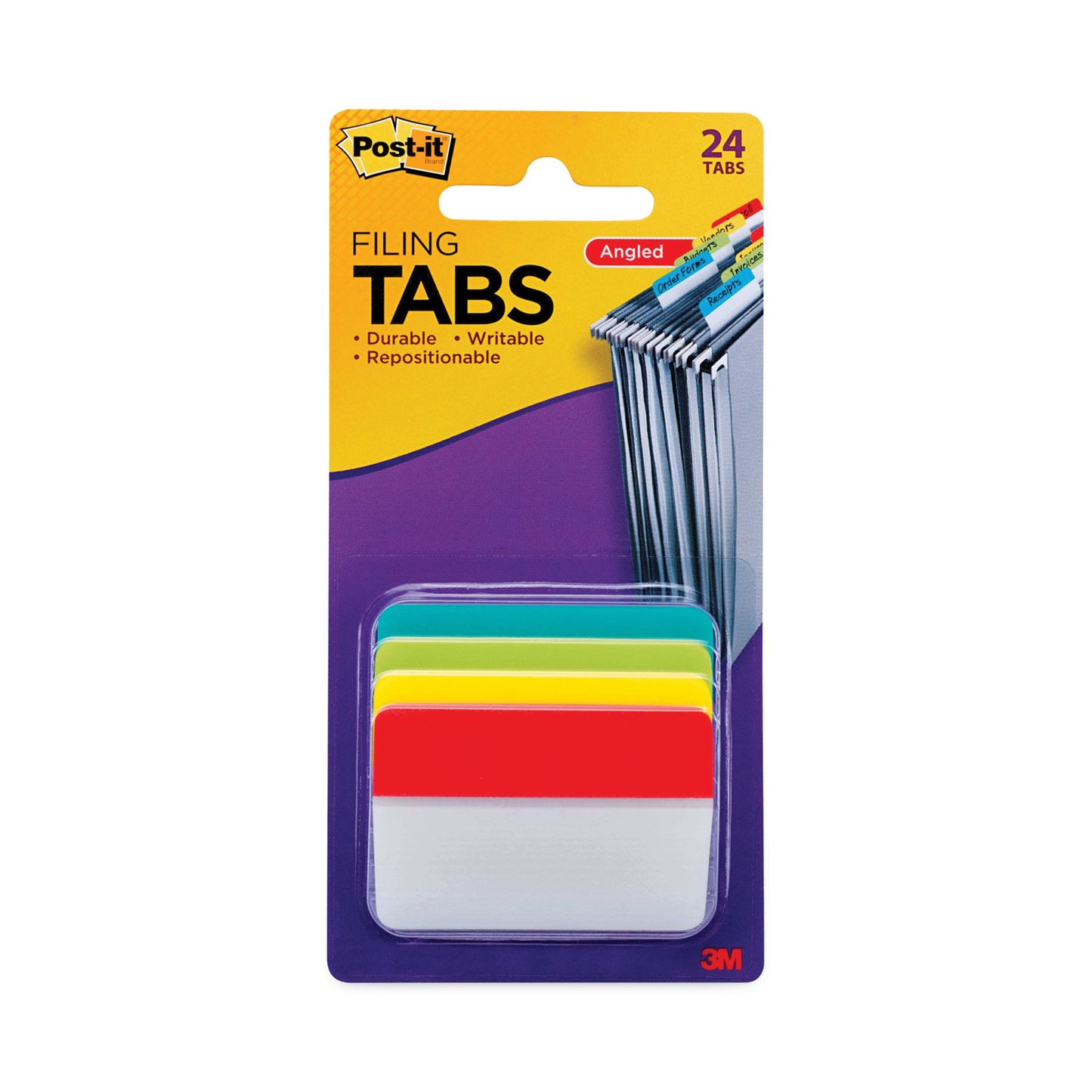 Post-it 2" Plain Solid Color Angled Tabs, 1/5-Cut, Assorted Colors, 2" Wide, 24/Pack (686AALYR)