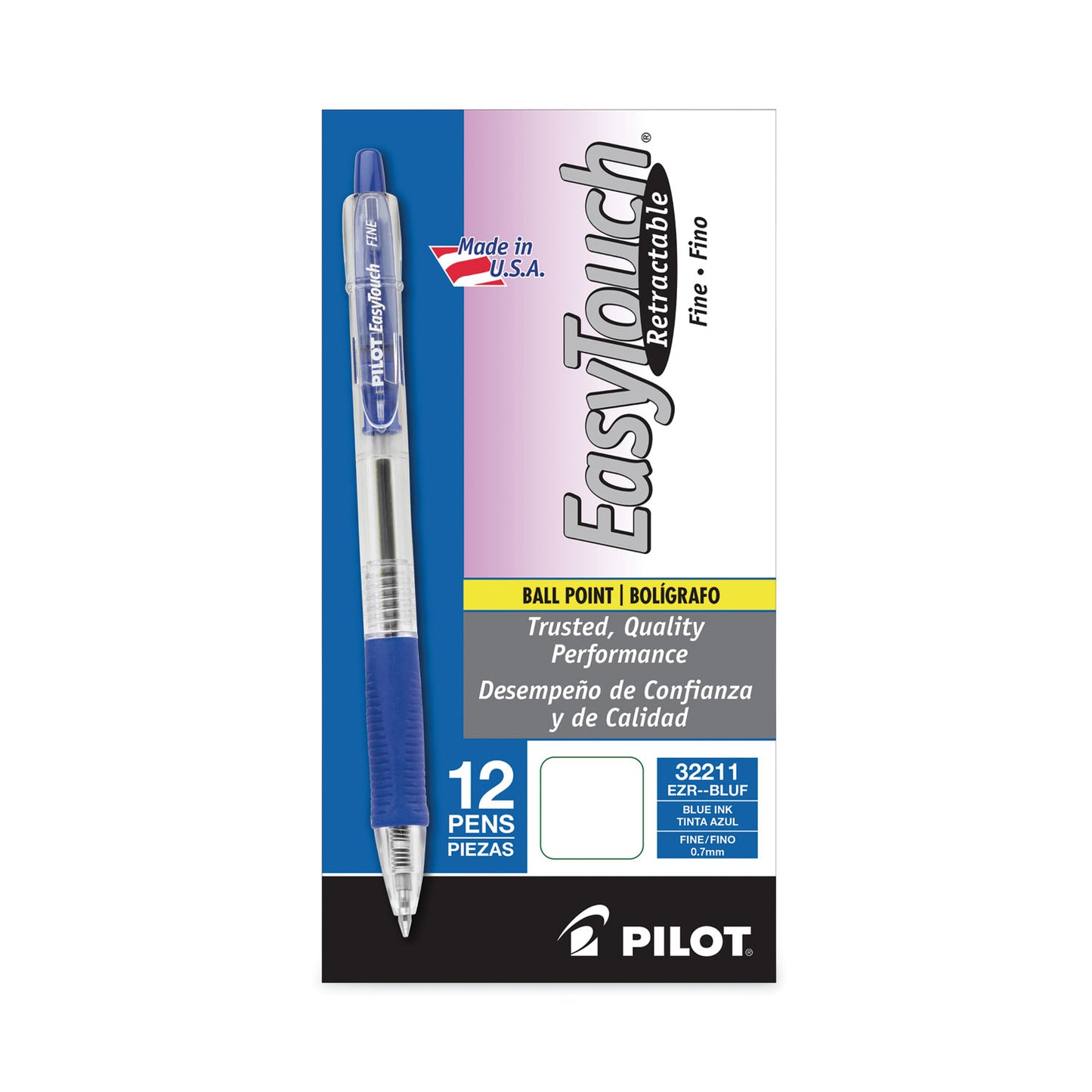 Pilot EasyTouch Ballpoint Pen, Retractable, Fine 0.7 mm, Blue Ink, Clear Barrel, Dozen (32211)